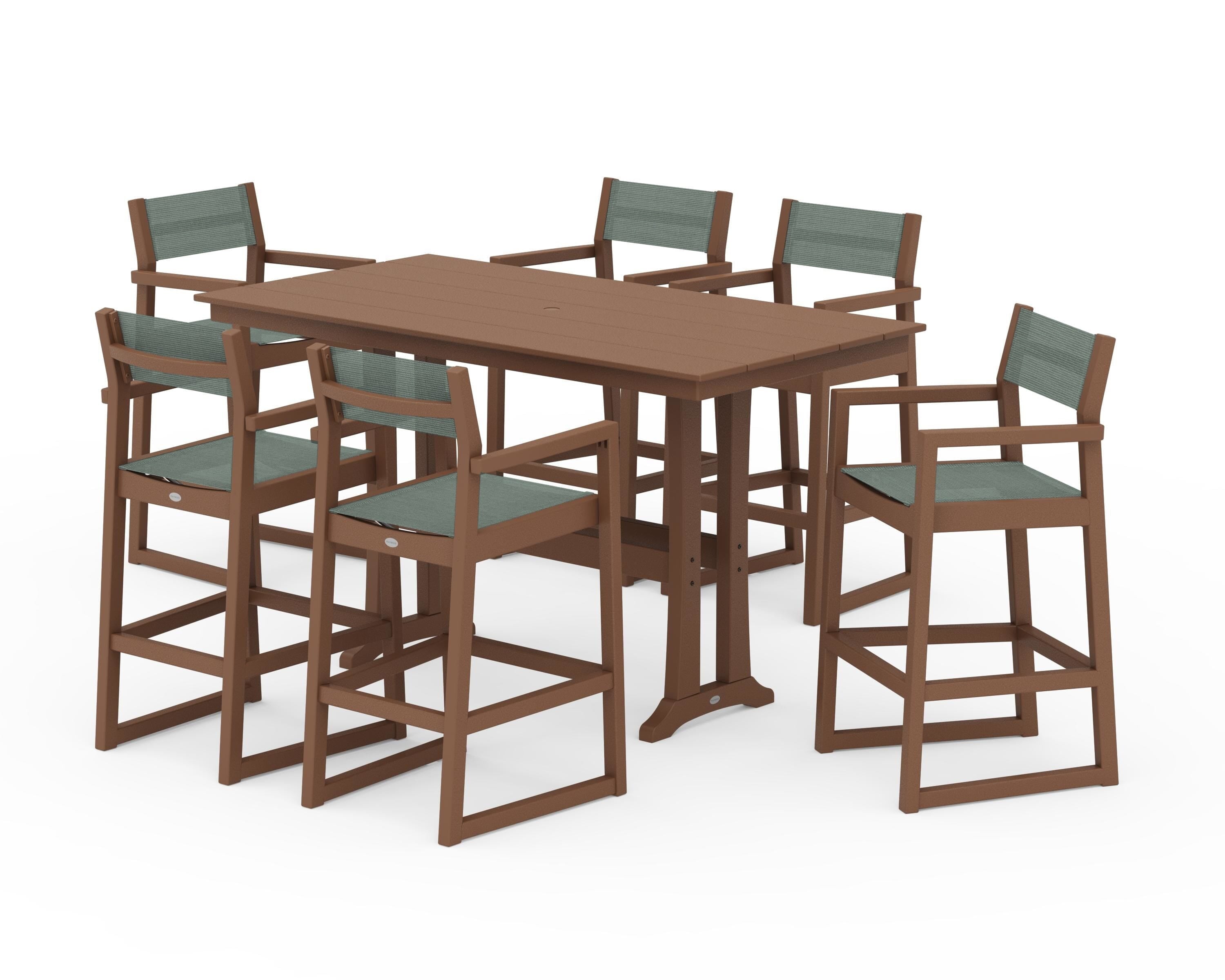 POLYWOOD® EDGE Sling Arm Chair 7-Piece Farmhouse Bar Set with Trestle Legs in Teak / Dupioni Sea Mist Sling