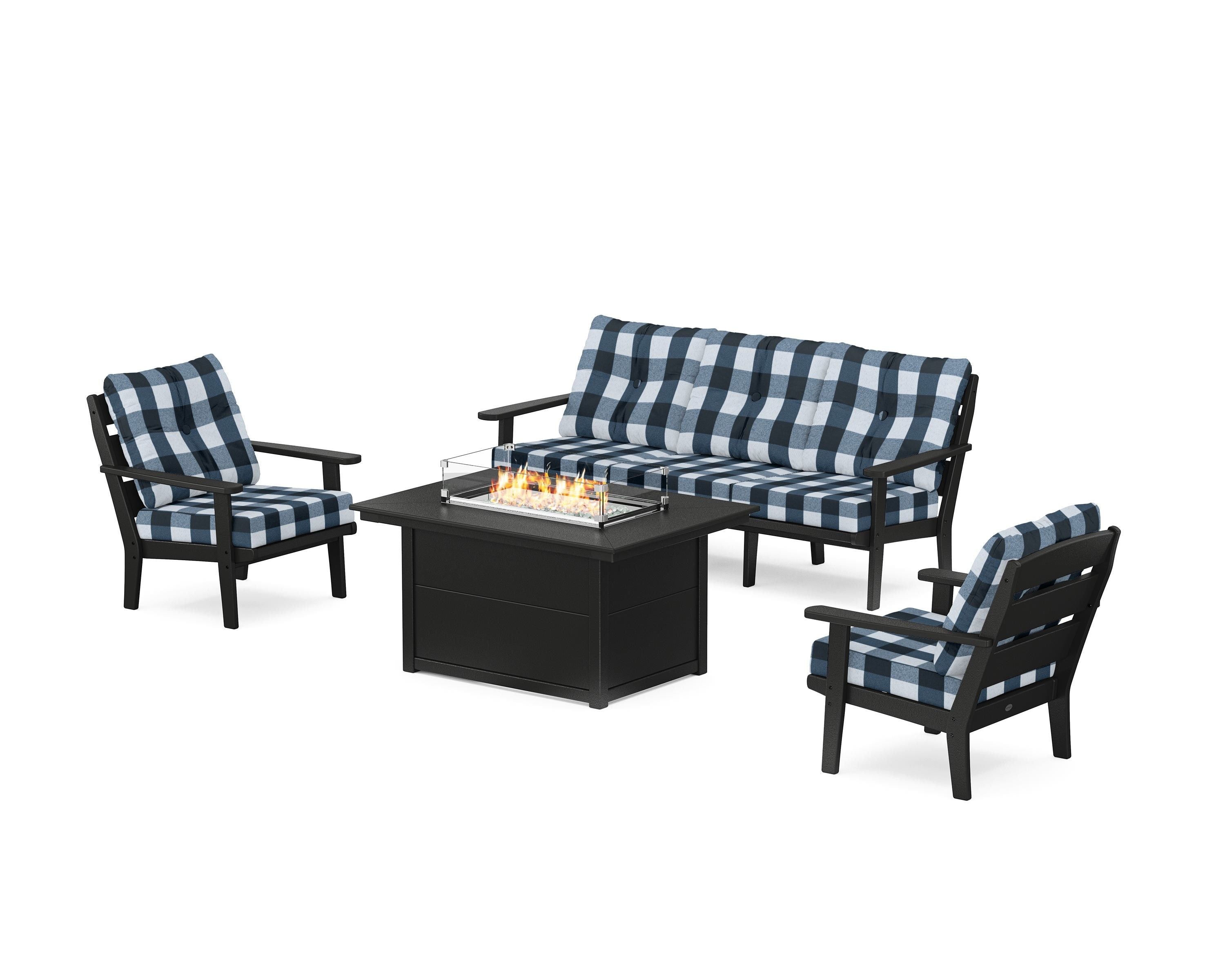 POLYWOOD® Lakeside Deep Seating Fire Pit Table Set in Black / Buffalo Plaid Marine Indigo
