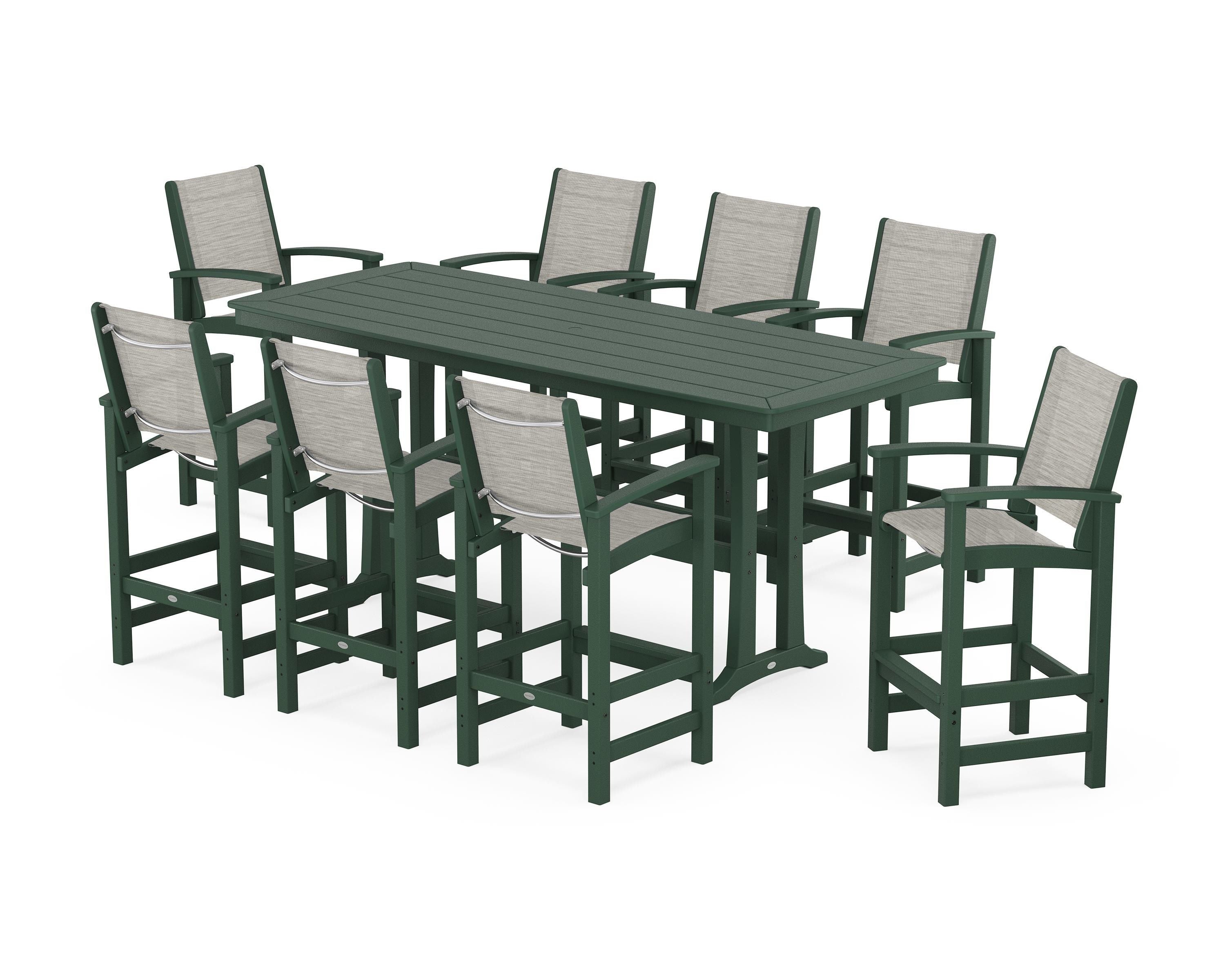 POLYWOOD® Coastal 9-Piece Bar Set with Trestle Legs in Green / Birch Sling