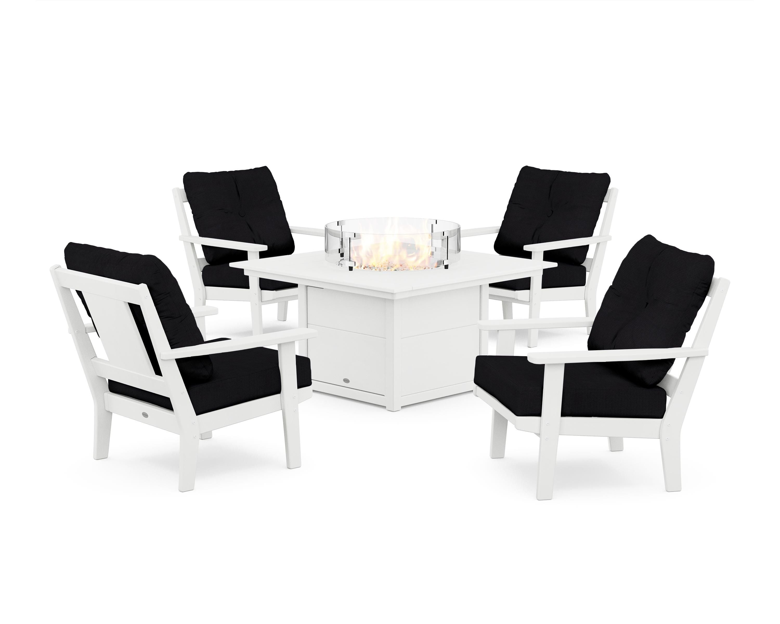 POLYWOOD® Prairie 5-Piece Deep Seating Set with Fire Pit Table in White / Midnight Linen