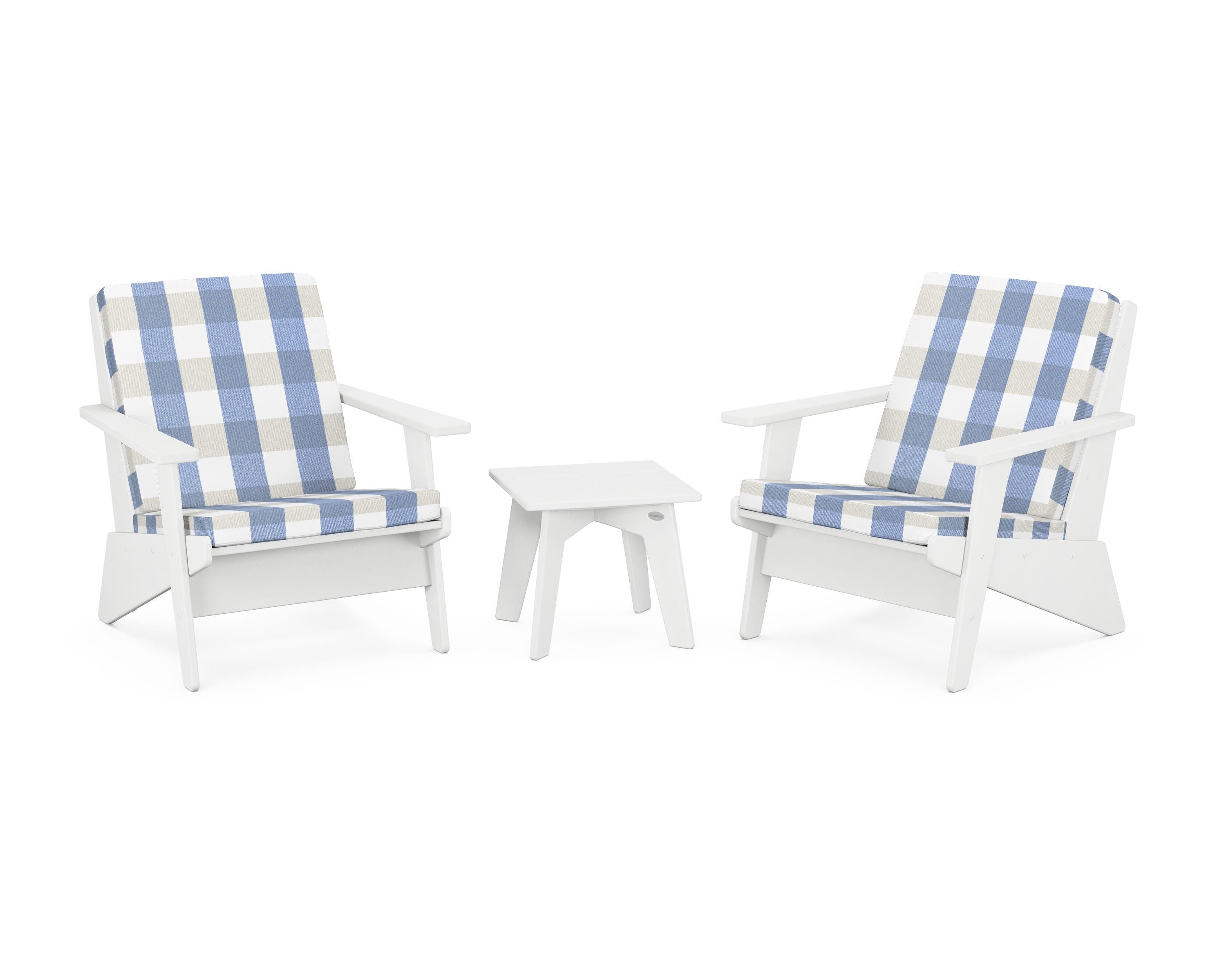 POLYWOOD® Riviera Modern Lounge 3-Piece Set in White / Buffalo Plaid Sky Blue