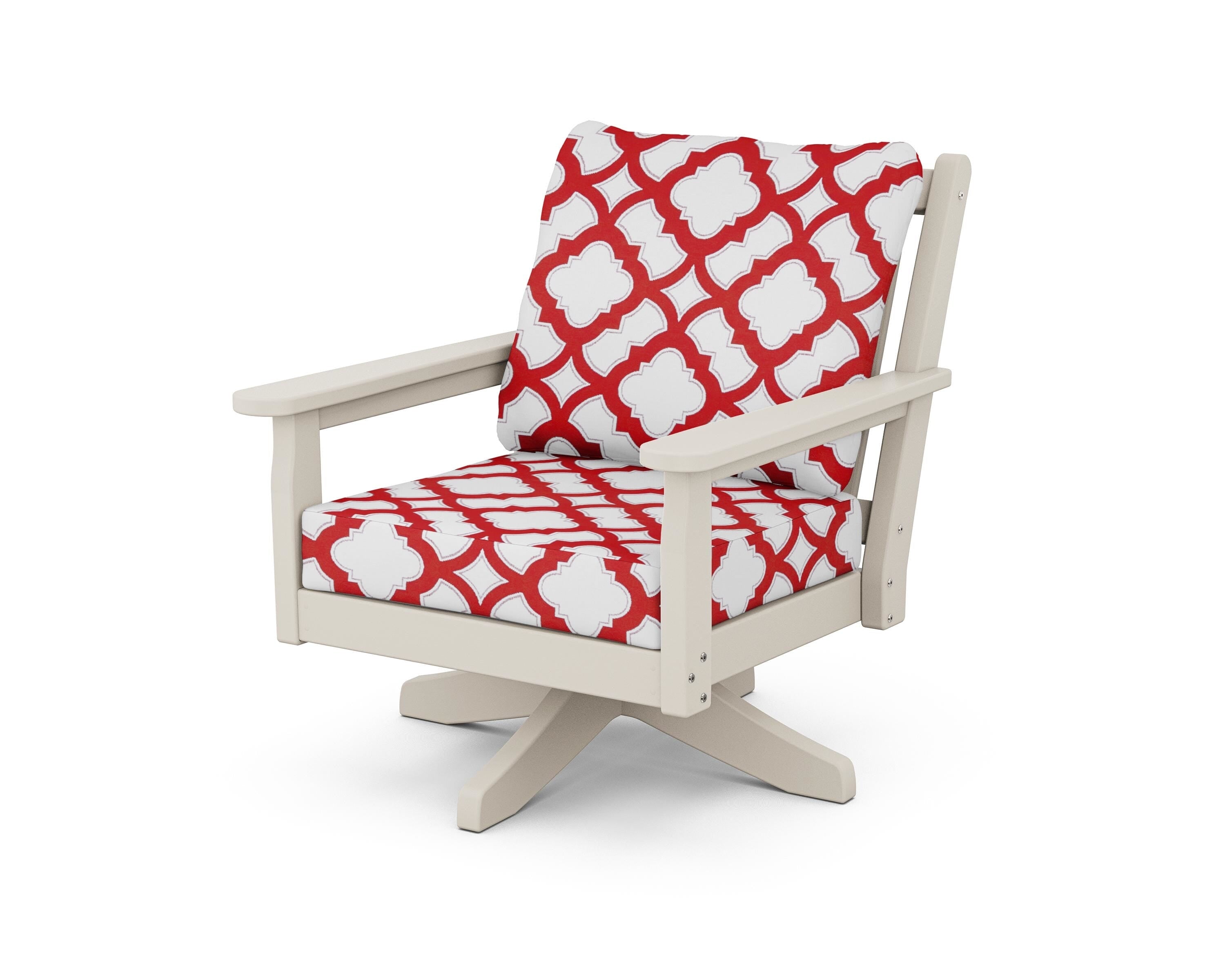 POLYWOOD® Chippendale Deep Seating Swivel Chair in Sand / Trellis Crimson