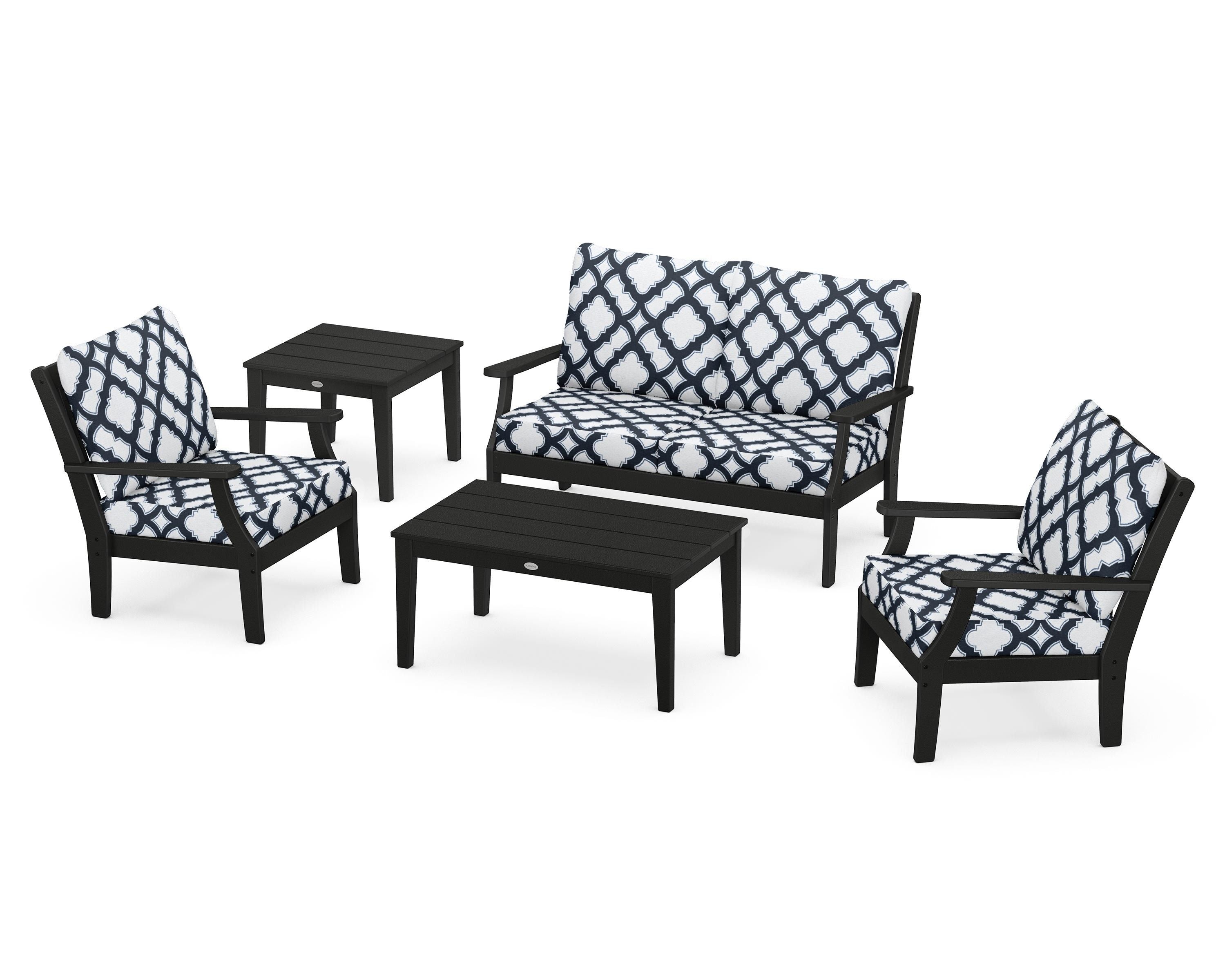 POLYWOOD® Braxton 5-Piece Deep Seating Set in Black / Trellis Marine Indigo