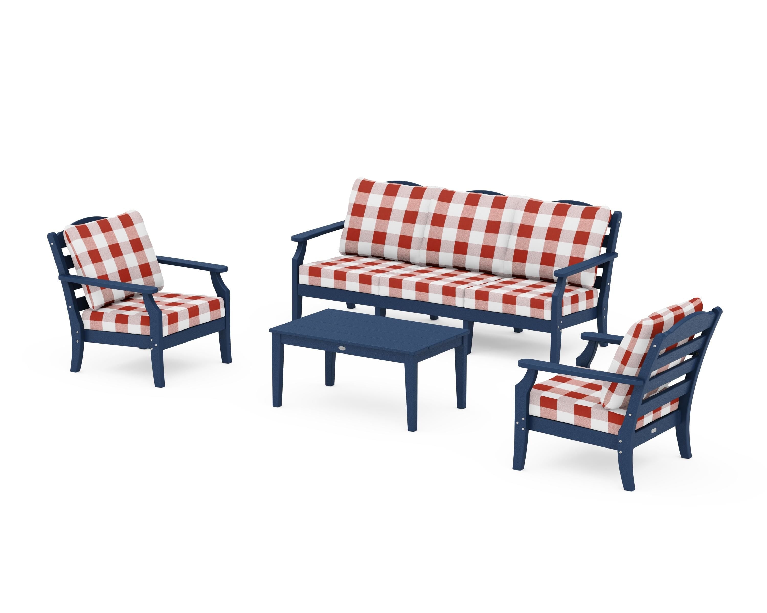 Draper James™ by POLYWOOD® Savannah 4-Piece Deep Seating Set with Sofa in Navy / Buffalo Plaid Crimson