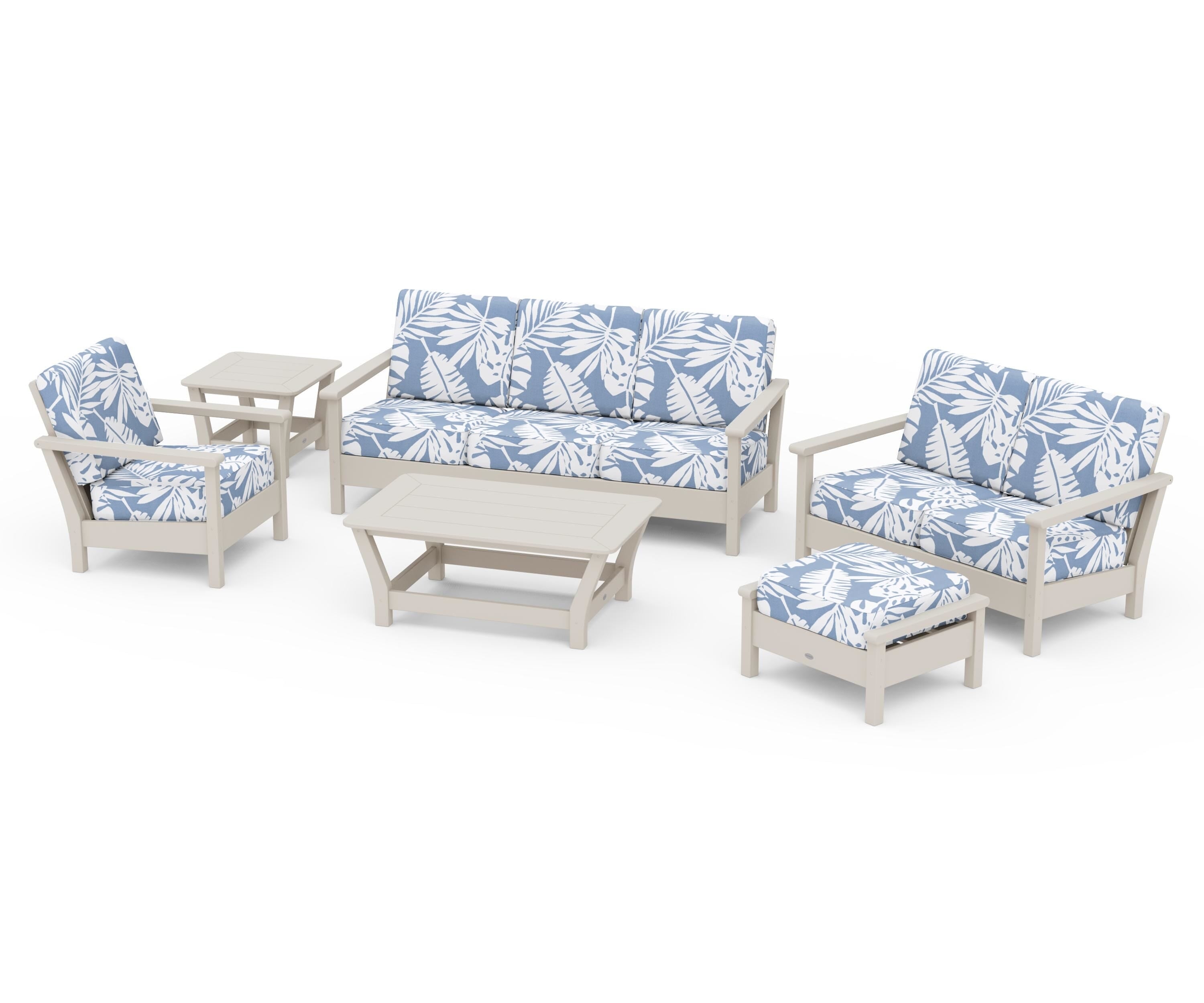 POLYWOOD® Harbour 6-Piece Outdoor Living Set in Sand / Leaf Sky Blue