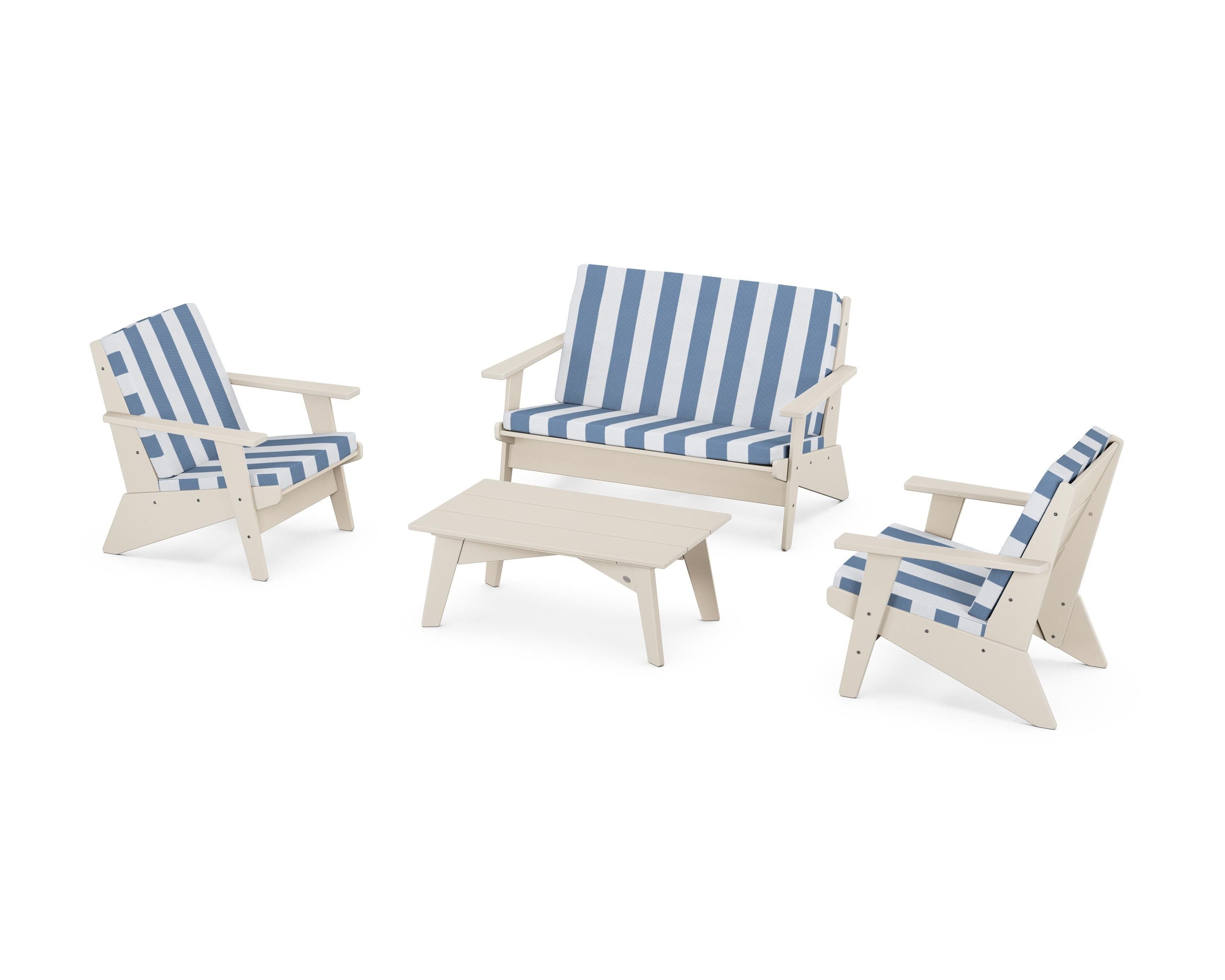 POLYWOOD® Riviera Modern Lounge 4-Piece Set in Sand / Cabana Stripe Sky Blue