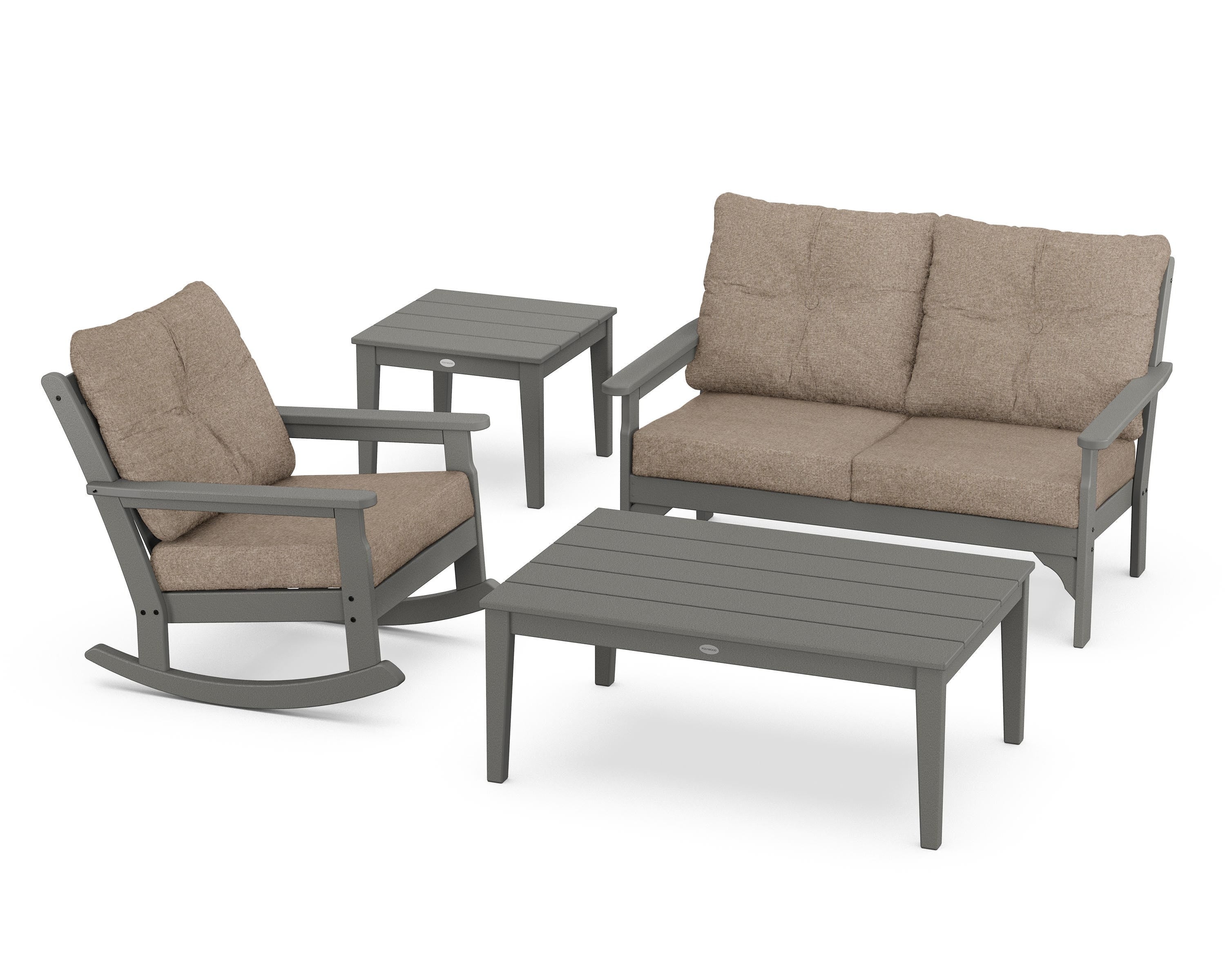 POLYWOOD® Vineyard 4-Piece Deep Seating Rocker Set in Slate Grey / Spiced Burlap
