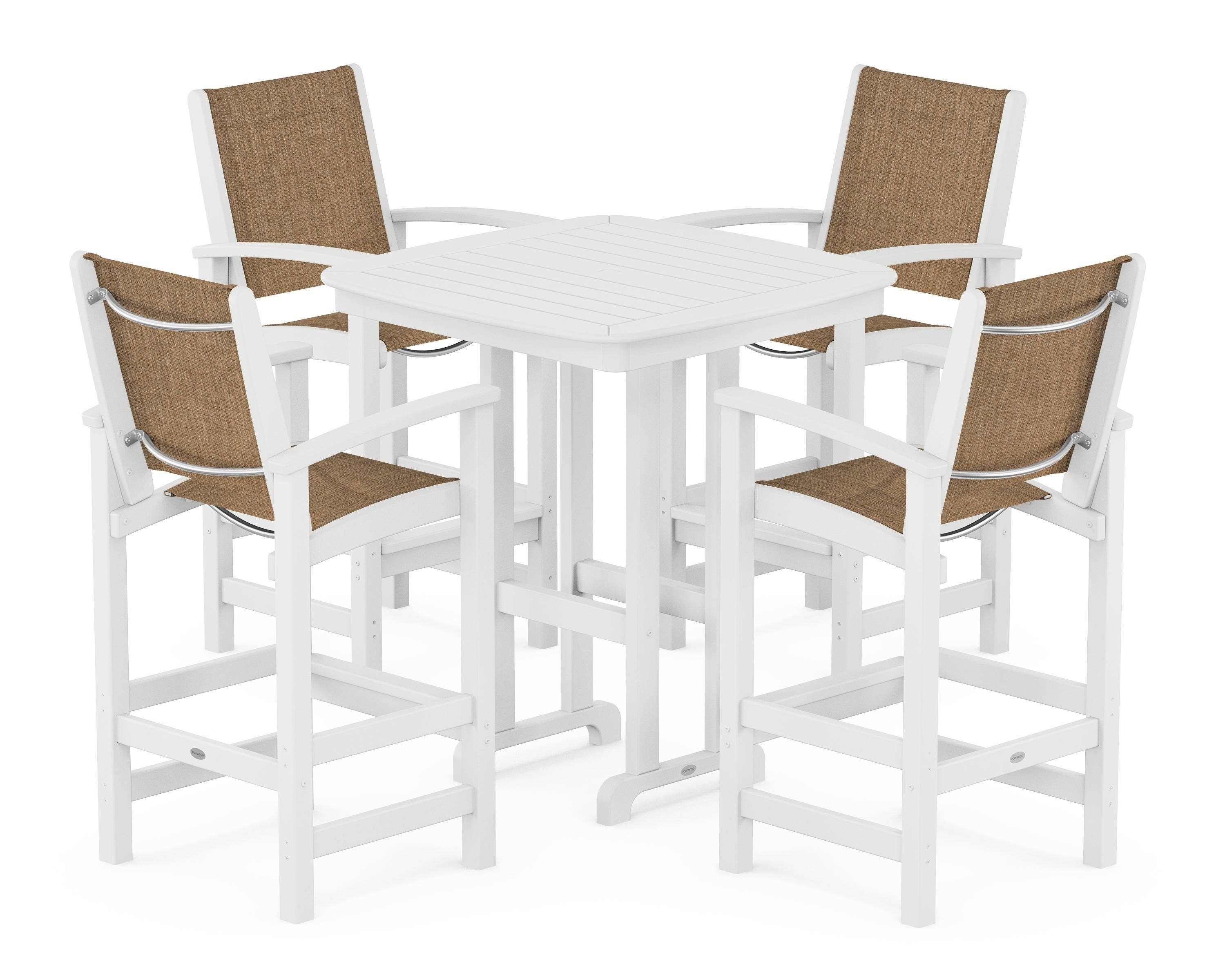 POLYWOOD® Coastal 5-Piece Bar Set in White / Burlap Sling