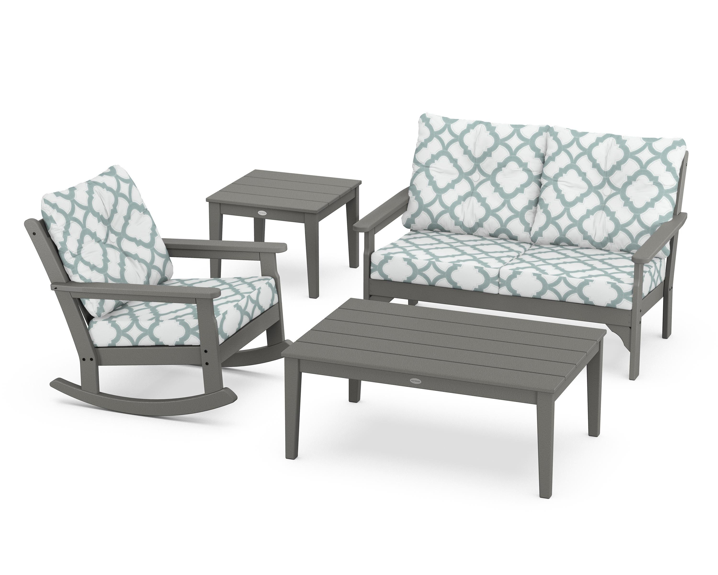 POLYWOOD® Vineyard 4-Piece Deep Seating Rocker Set in Slate Grey / Trellis Glacier Spa