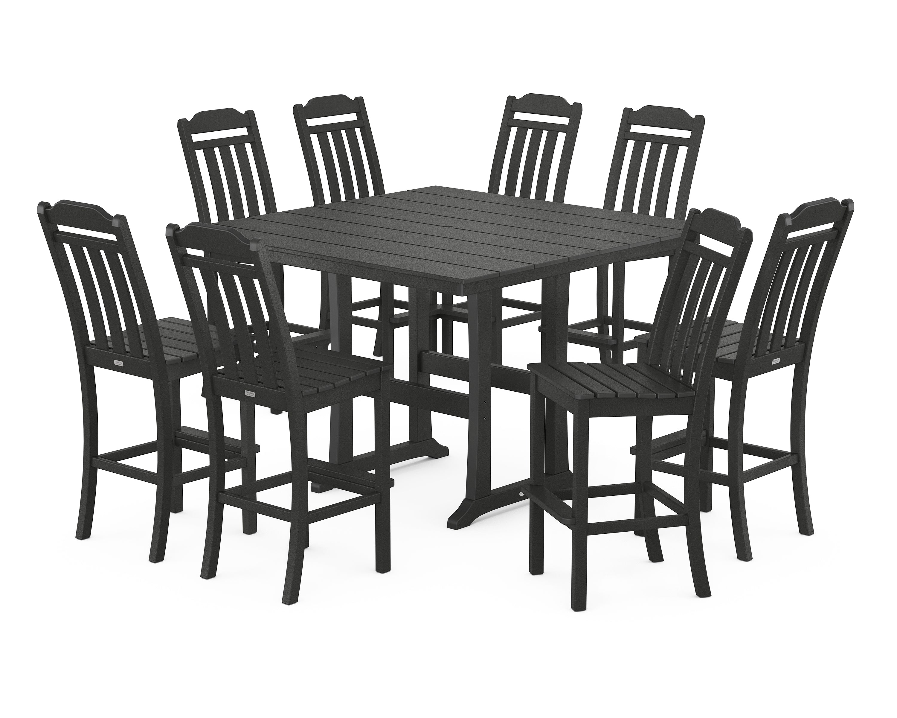 Country Living Cottage 9-Piece Square Farmhouse Side Chair Bar Set with Trestle Legs in Black