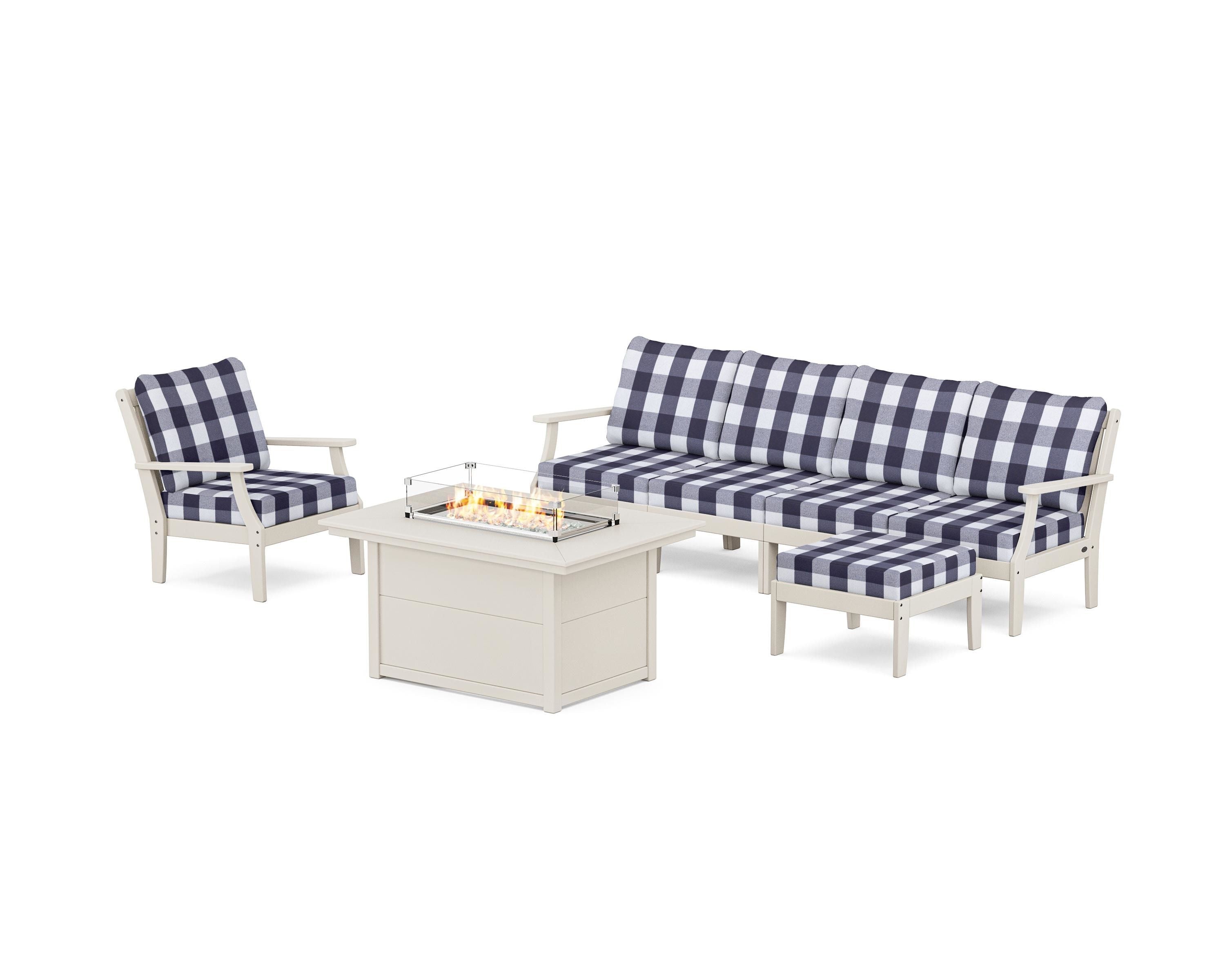 POLYWOOD® Braxton Sectional Lounge and Fire Pit Set in Sand / Buffalo Plaid Navy