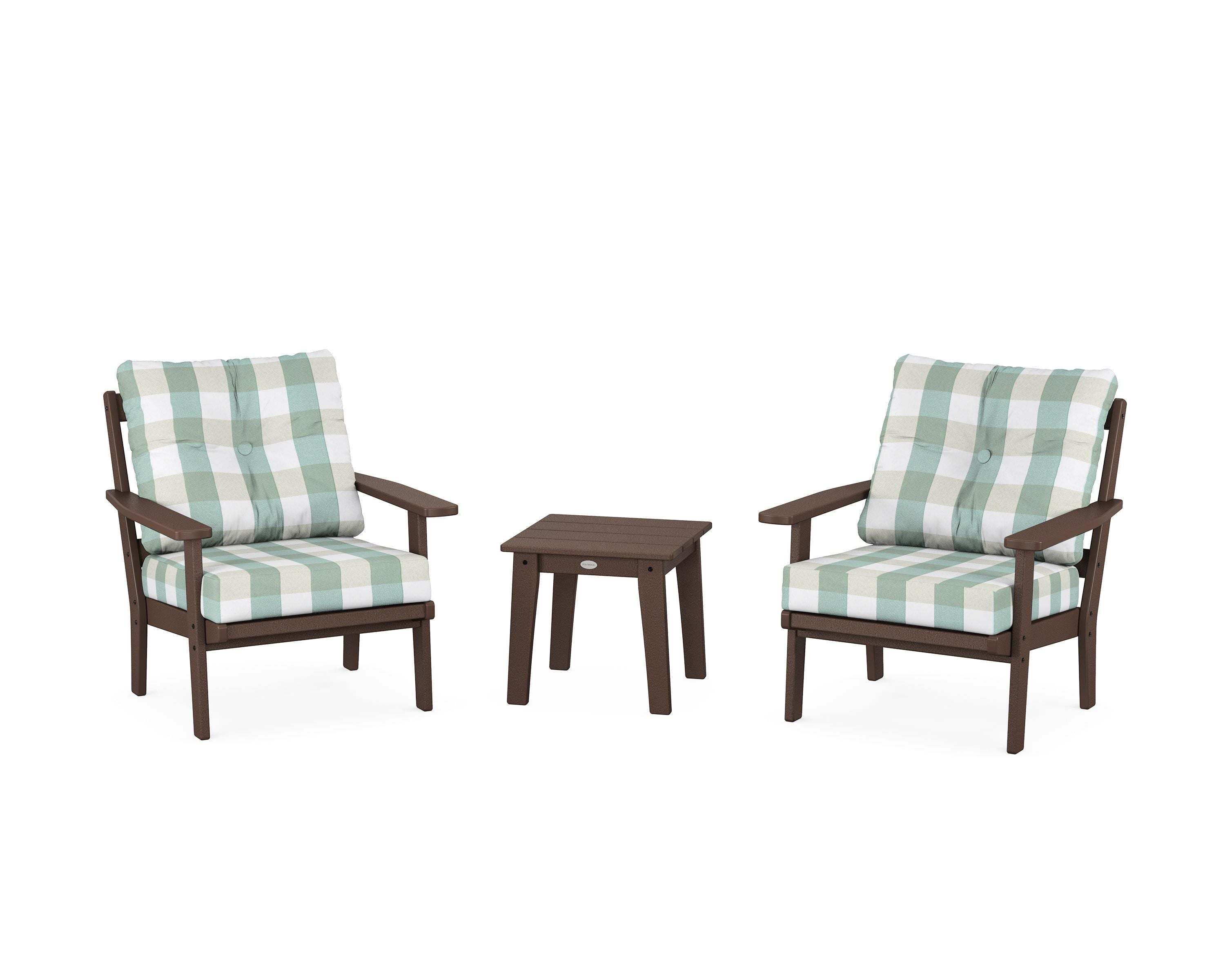 POLYWOOD® Oxford 3-Piece Deep Seating Set in Mahogany / Buffalo Plaid Glacier Spa