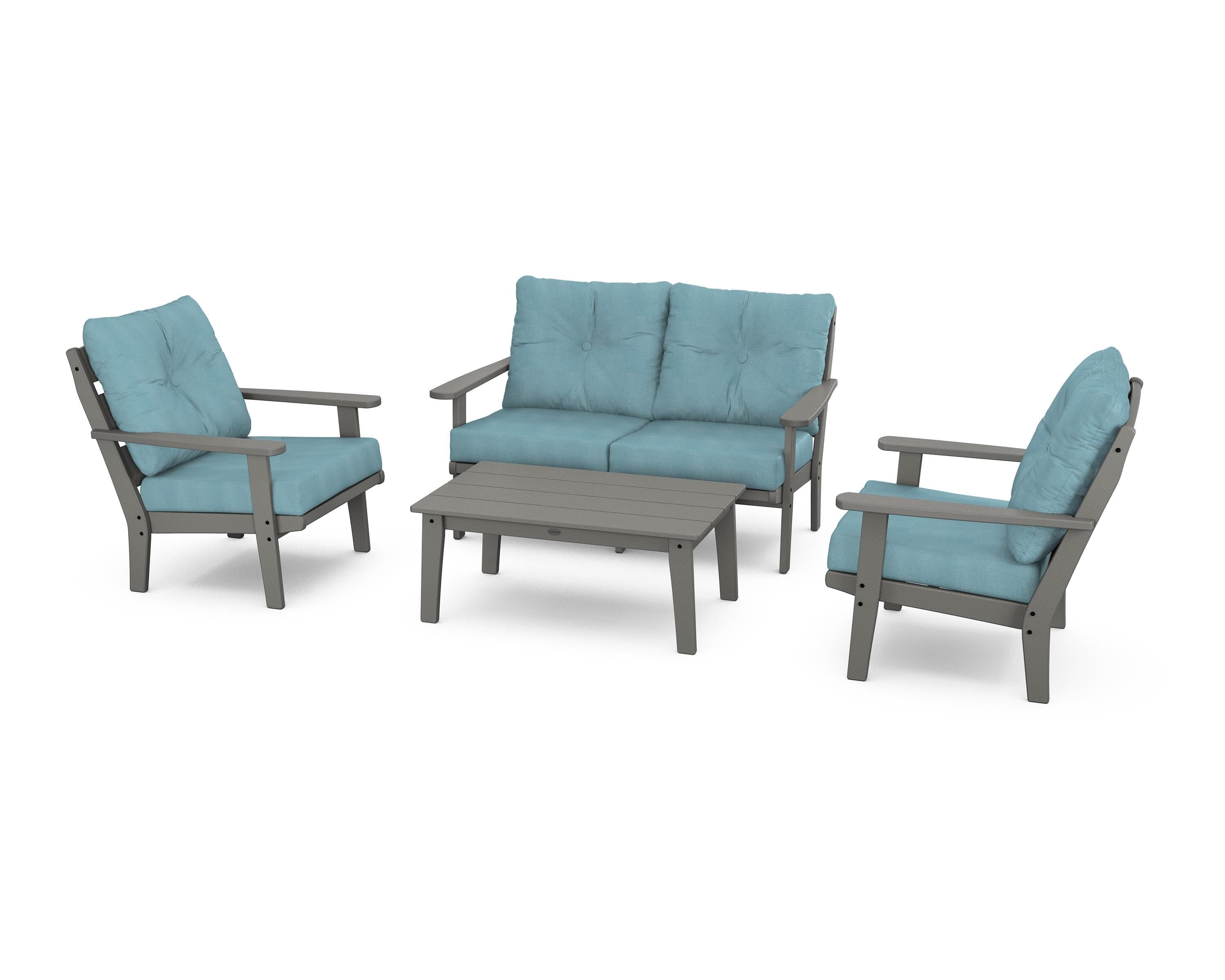 POLYWOOD® Lakeside 4-Piece Deep Seating Set in Slate Grey / Lattice Sky Blue
