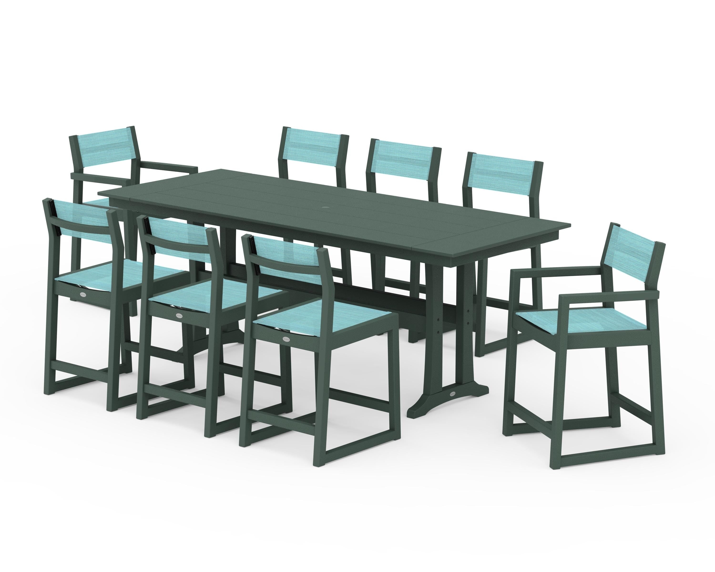 POLYWOOD® EDGE Sling 9-Piece Farmhouse Counter Set with Trestle Legs in Green / Dupioni Aquamarine Sling