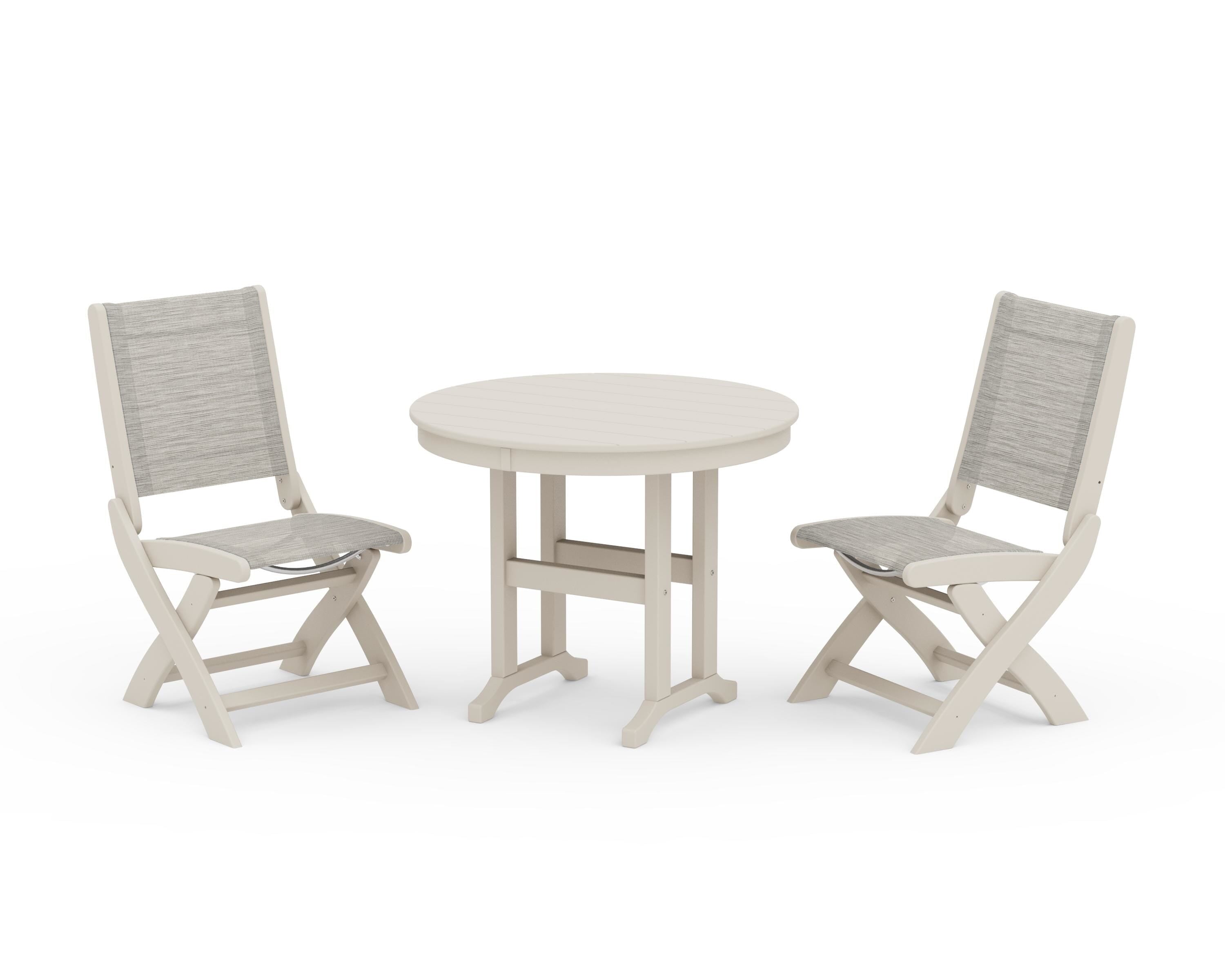 POLYWOOD® Coastal Folding Side Chair 3-Piece Round Dining Set in Sand / Birch Sling