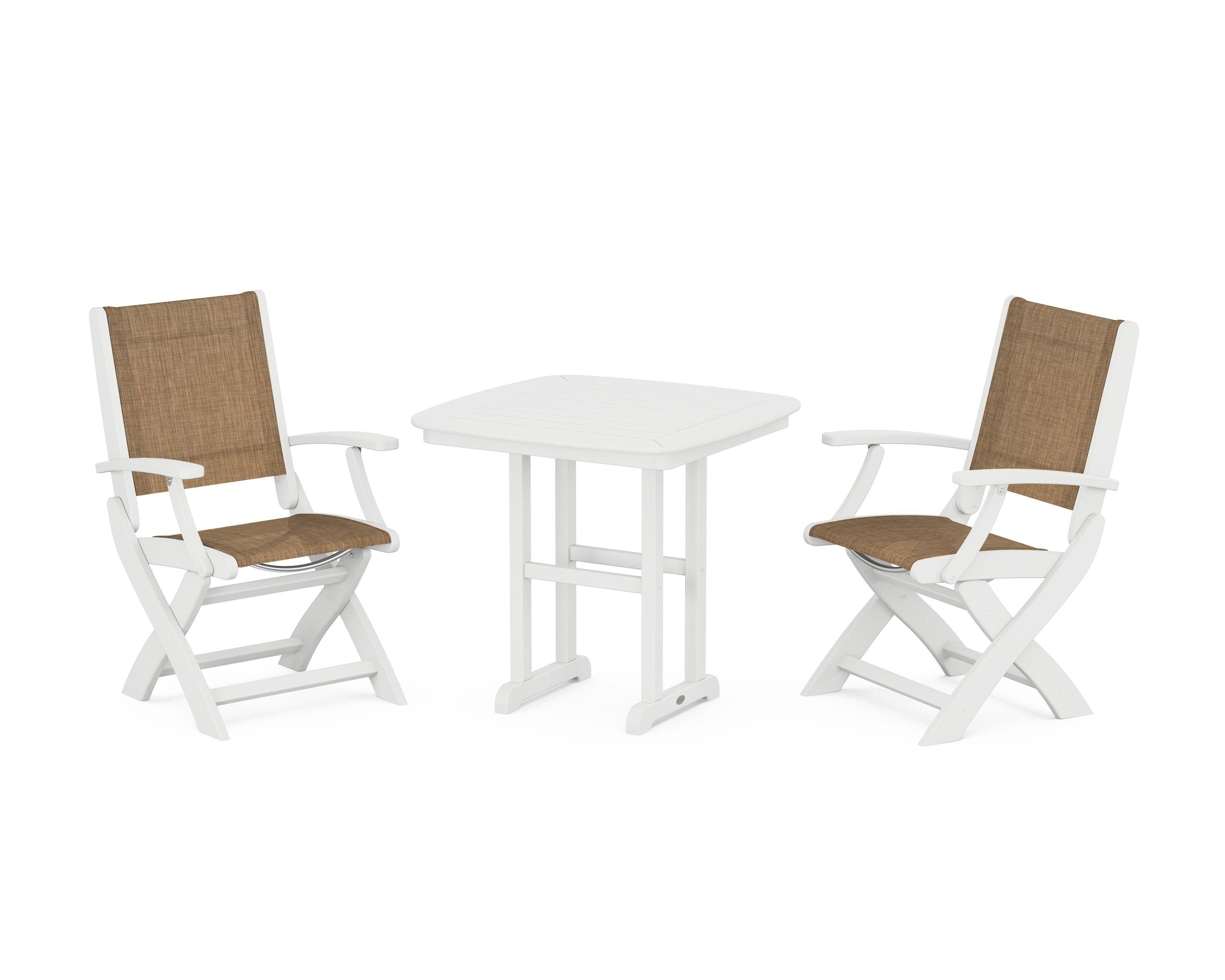 POLYWOOD® Coastal Folding Chair 3-Piece Dining Set in White / Burlap Sling