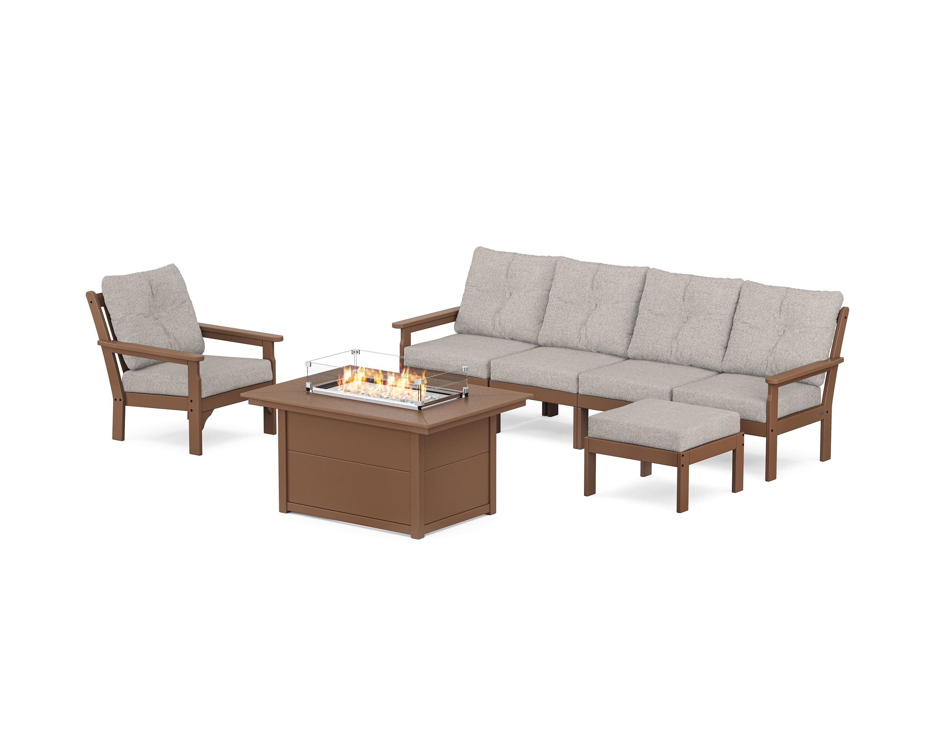 POLYWOOD® Vineyard Sectional Lounge and Fire Pit Set in Teak / Weathered Tweed