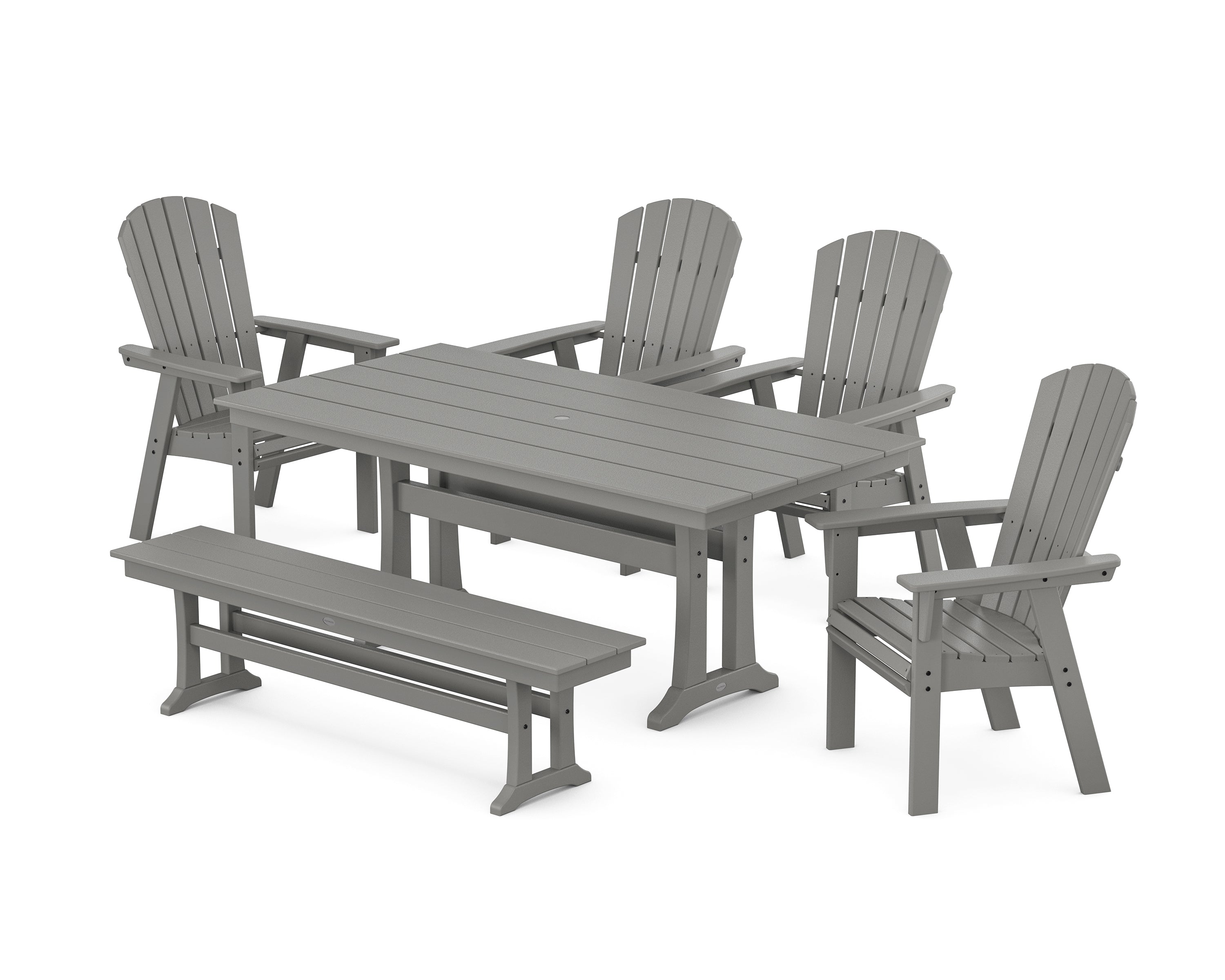 POLYWOOD® Nautical Curveback Adirondack 6-Piece Farmhouse Dining Set with Trestle Legs and Bench in Slate Grey