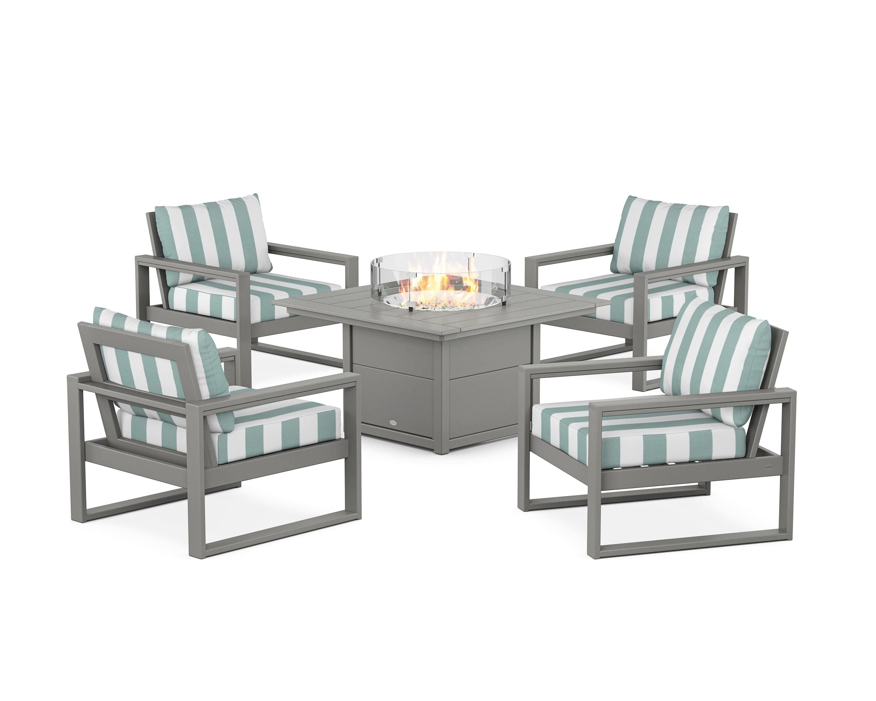 POLYWOOD® EDGE Sectional 5-Piece Deep Seating Set with Fire Pit Table in Slate Grey / Cabana Stripe Glacier Spa