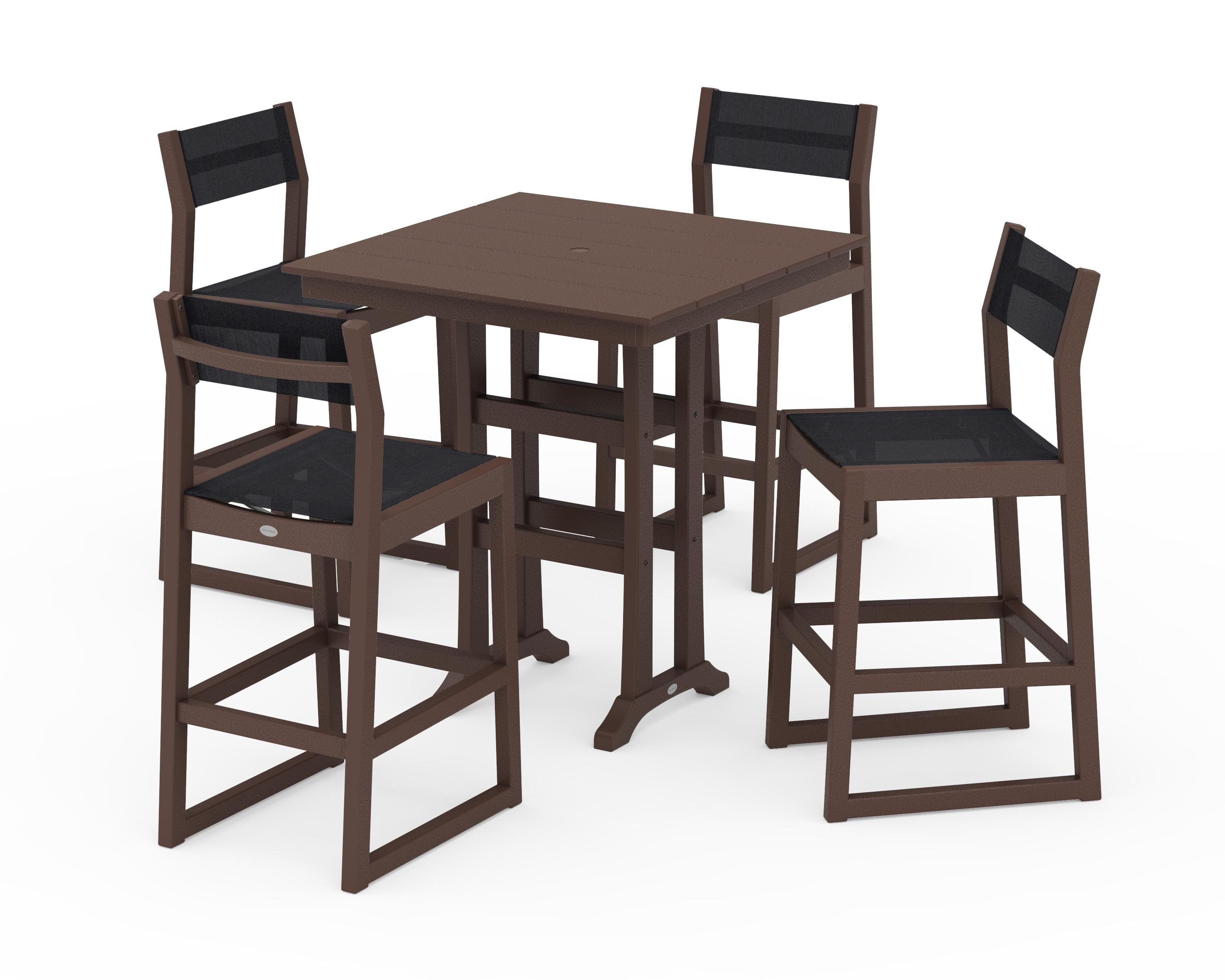 POLYWOOD® EDGE Sling Arm Chair 5-Piece Farmhouse Bar Set with Trestle Legs in Mahogany / Black Sling
