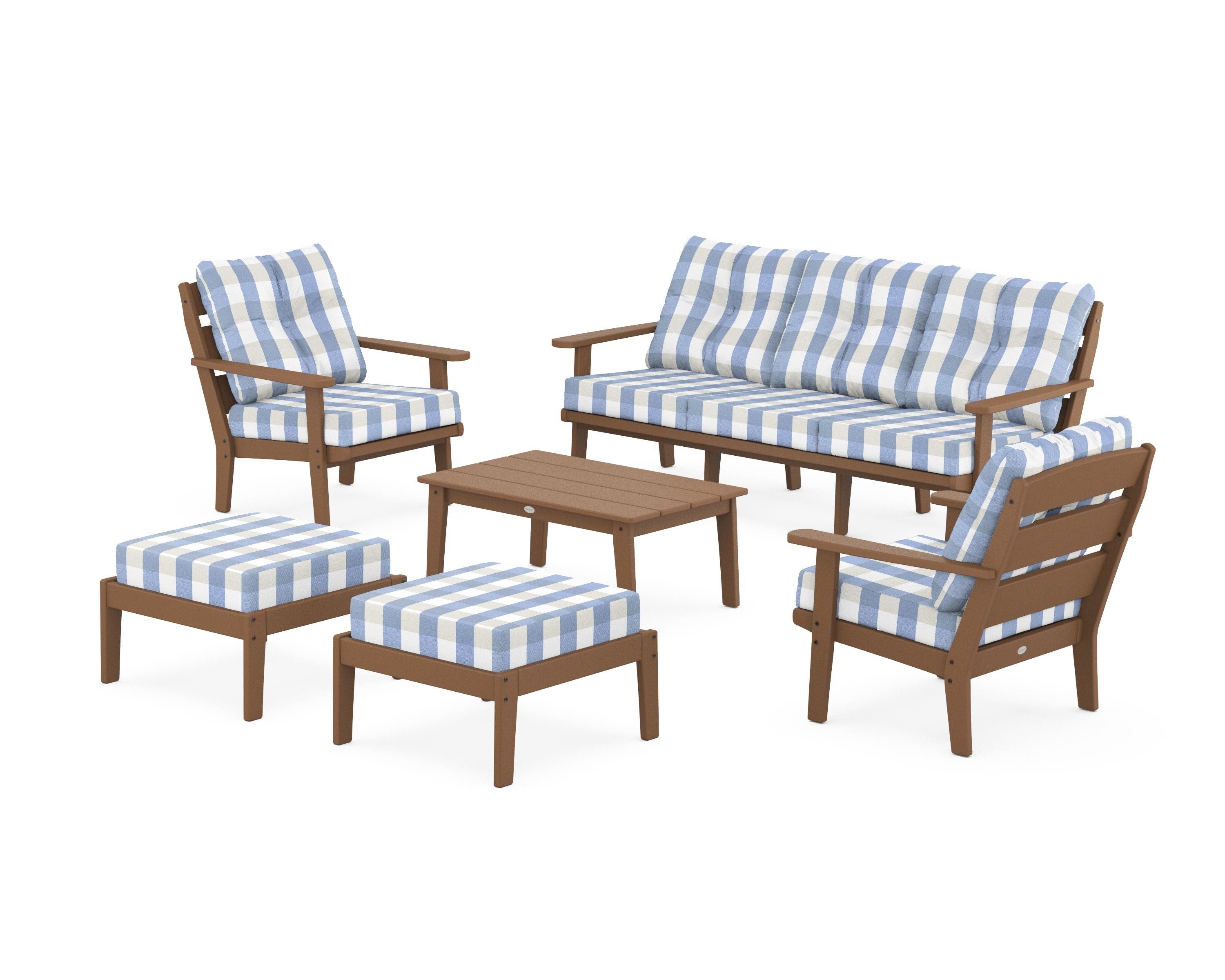 POLYWOOD® Lakeside 6-Piece Lounge Sofa Set in Teak / Buffalo Plaid Sky Blue