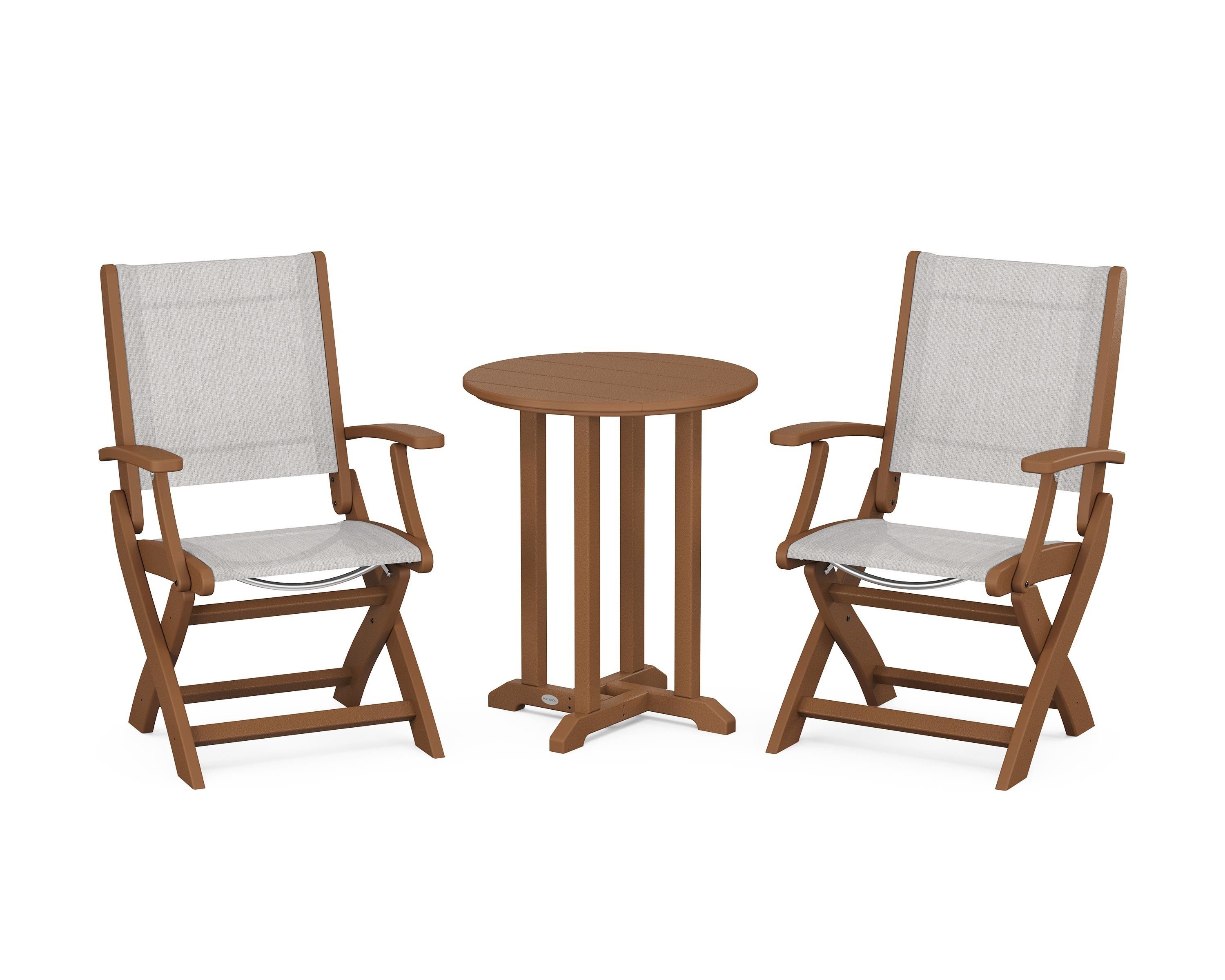 POLYWOOD® Coastal Folding 3-Piece Round Bistro Dining Set in Teak / Parchment Sling