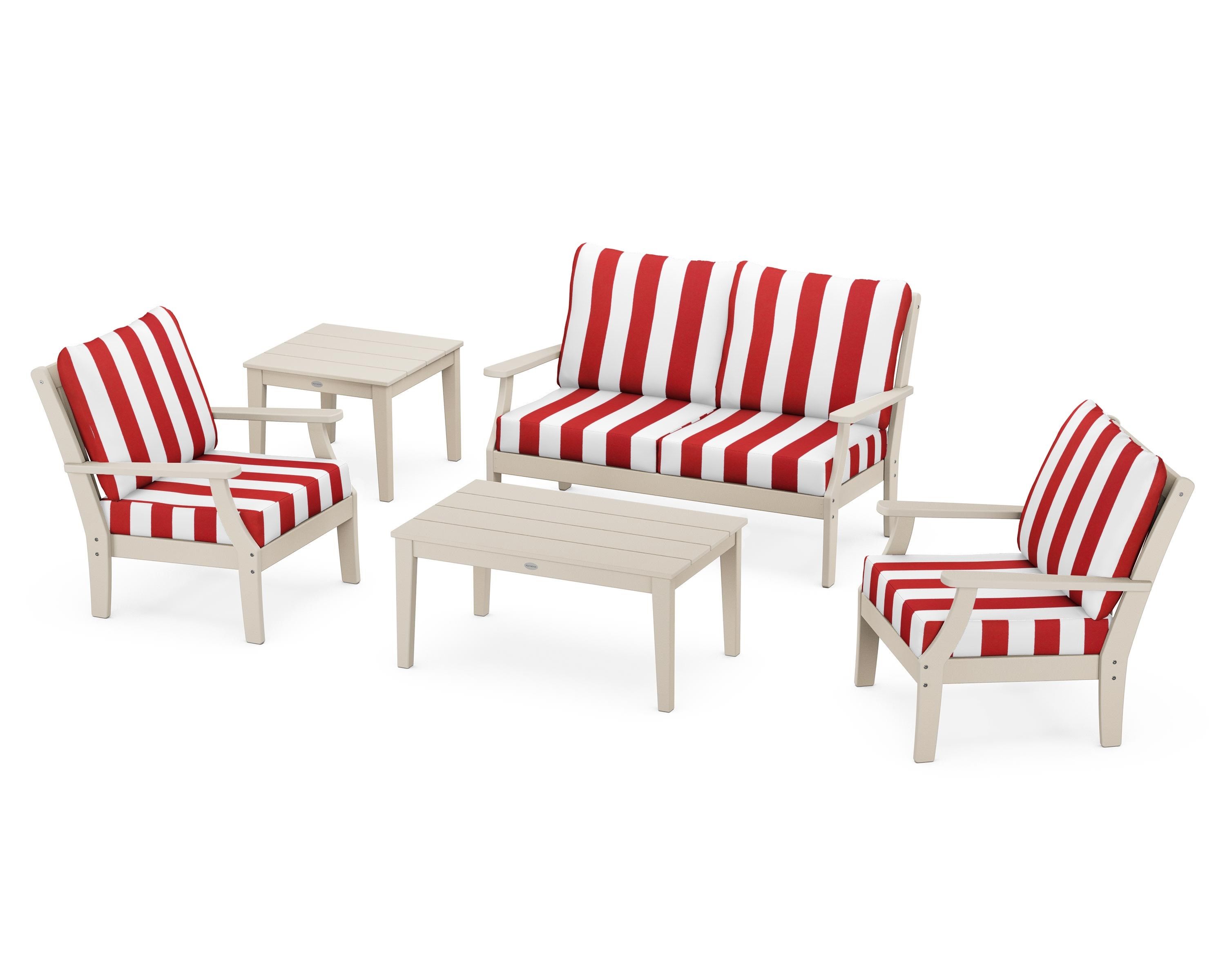 POLYWOOD® Braxton 5-Piece Deep Seating Set in Sand / Cabana Stripe Crimson