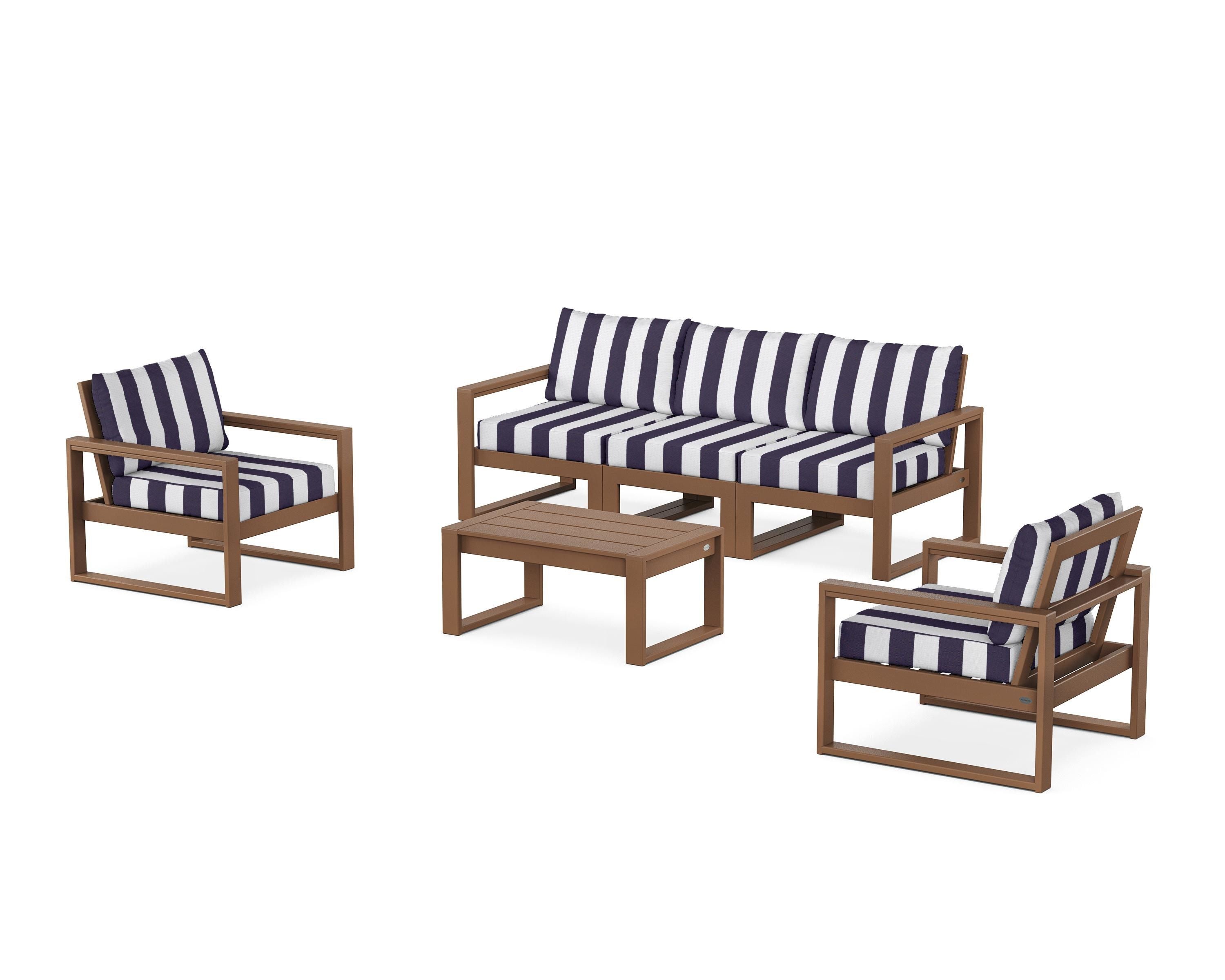 POLYWOOD® EDGE Sectional 4-Piece Deep Seating Set with Sofa in Teak / Cabana Stripe Navy