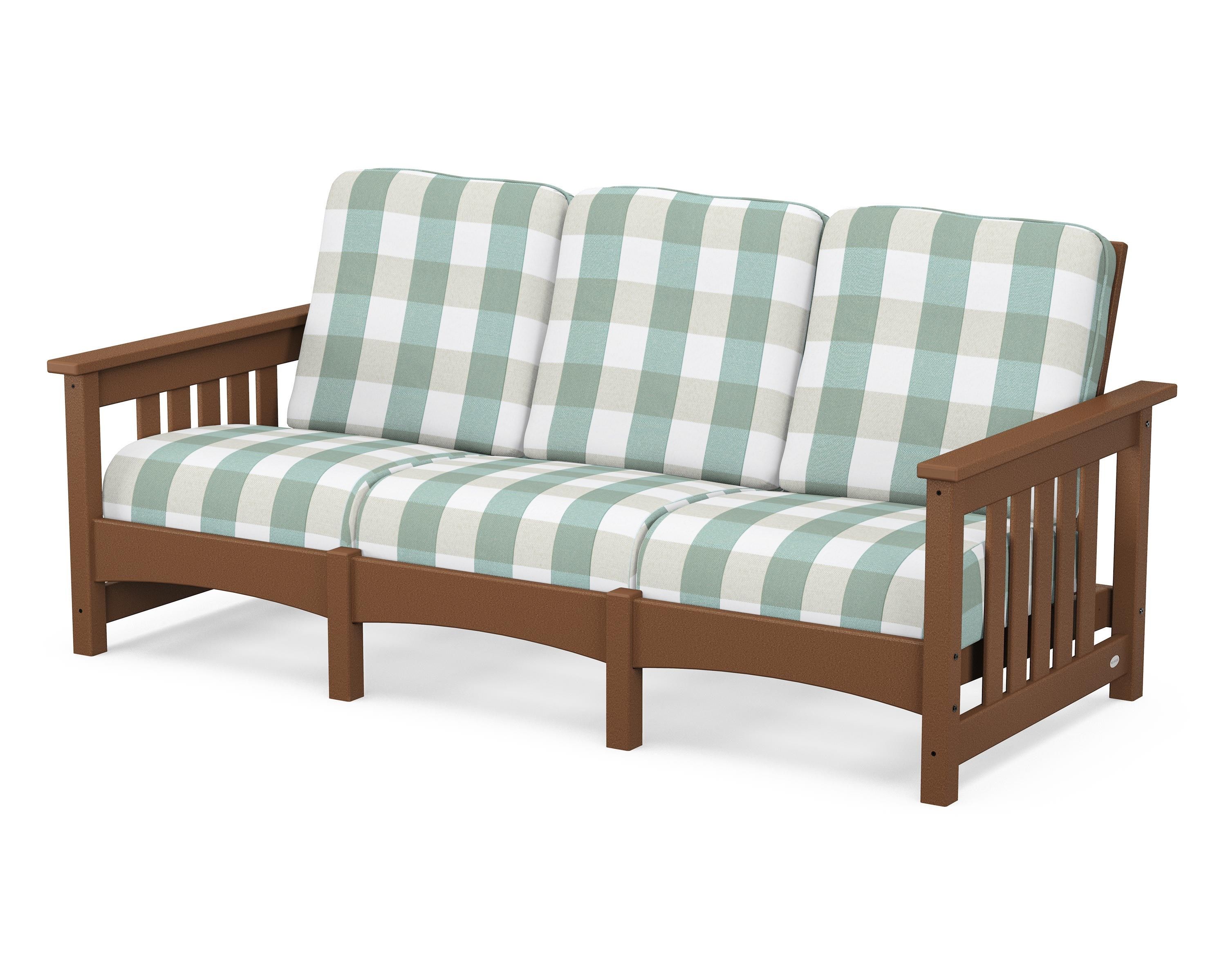POLYWOOD® Club Mission Sofa in Teak / Buffalo Plaid Glacier Spa