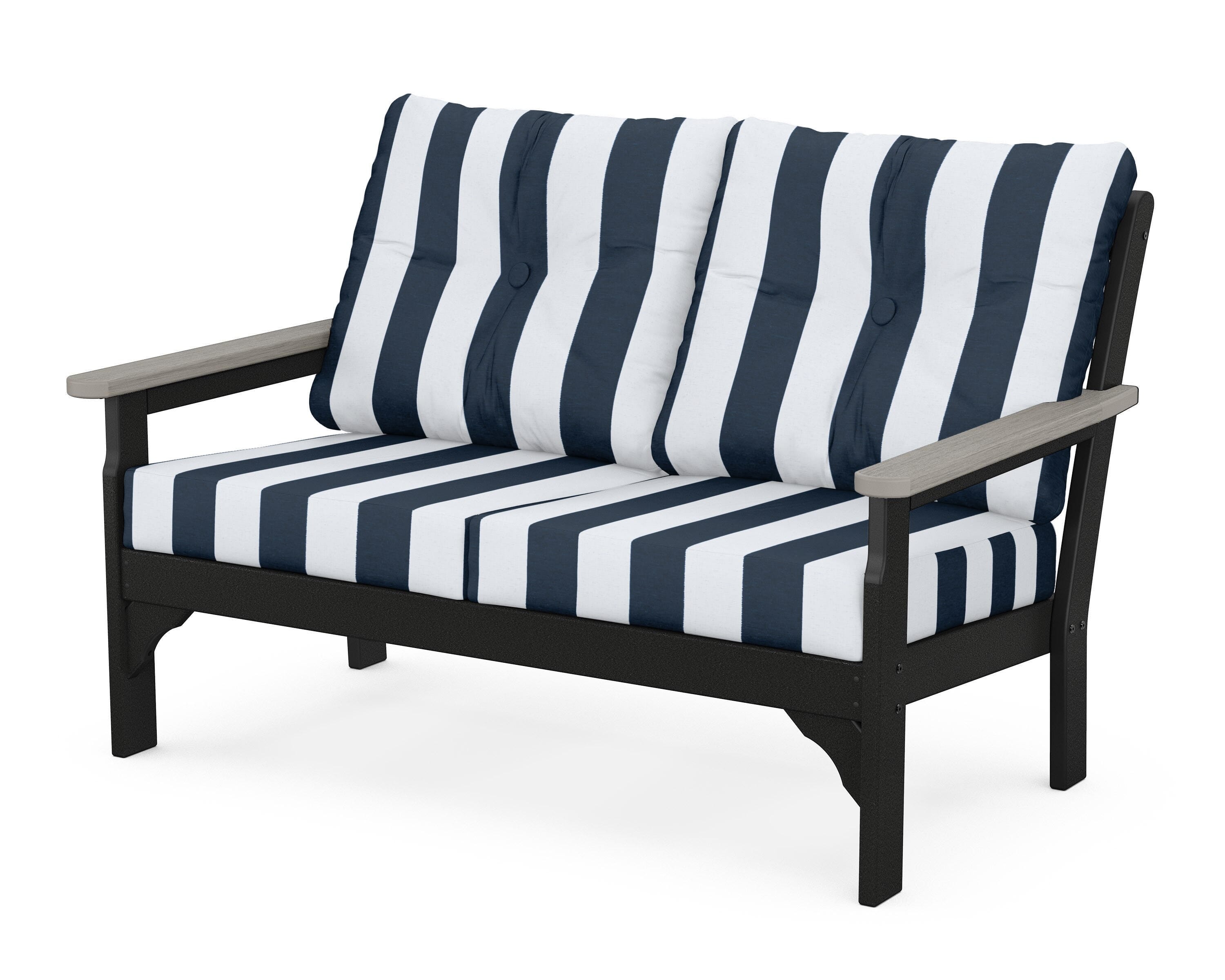 POLYWOOD® Vineyard Deep Seating Loveseat in Black / Driftwood / Cabana Stripe Marine Indigo