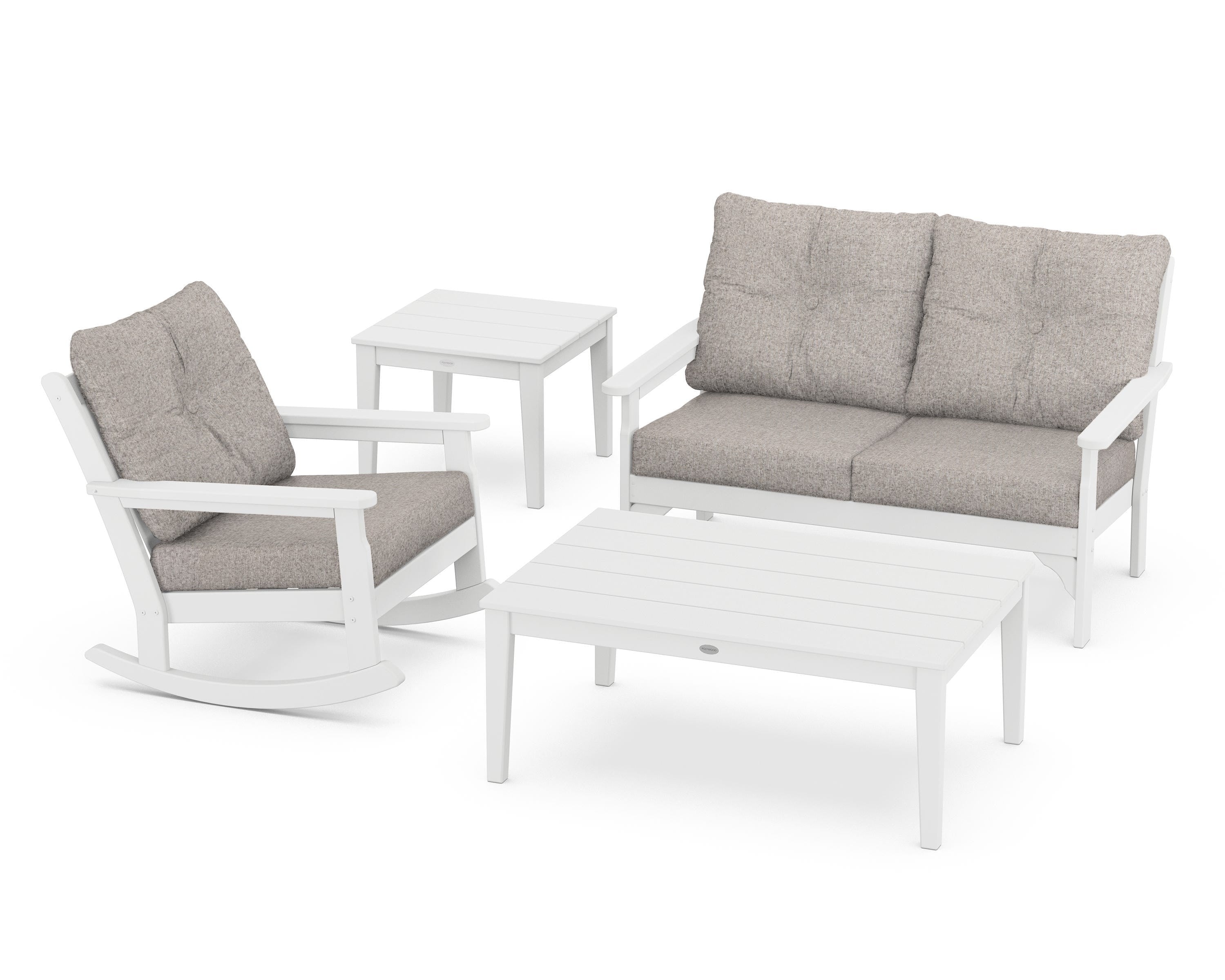 POLYWOOD® Vineyard 4-Piece Deep Seating Rocker Set in White / Weathered Tweed