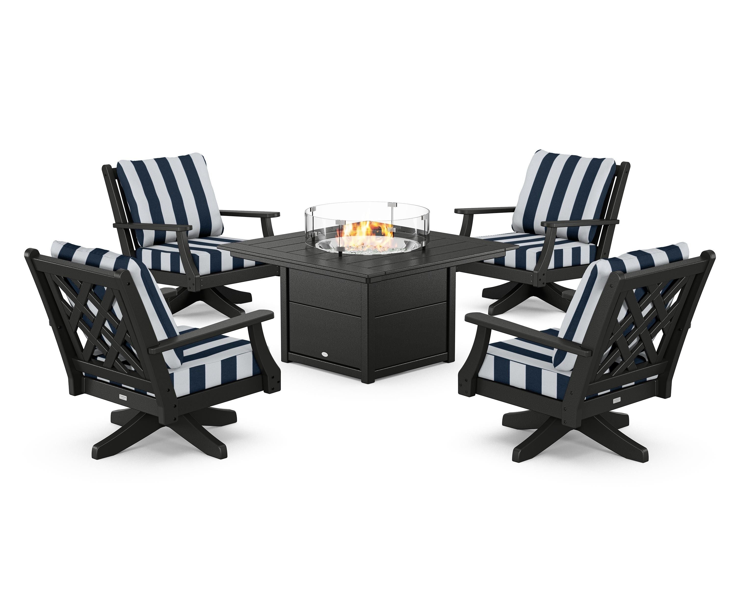 Country Living Wovendale 5-Piece Deep Seating Swivel Conversation Set with Fire Pit Table in Black / Cabana Stripe Marine Indigo