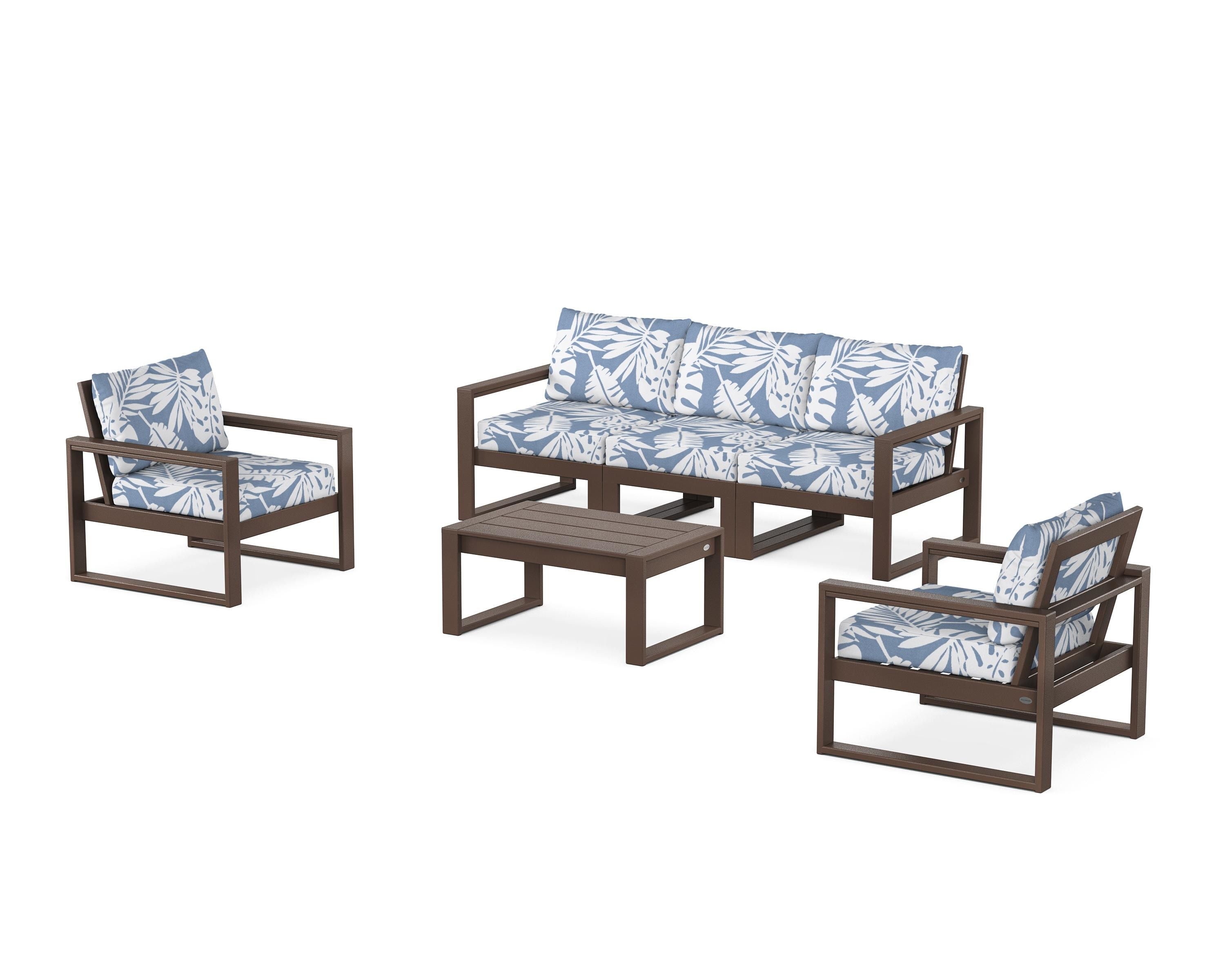 POLYWOOD® EDGE Sectional 4-Piece Deep Seating Set with Sofa in Mahogany / Leaf Sky Blue