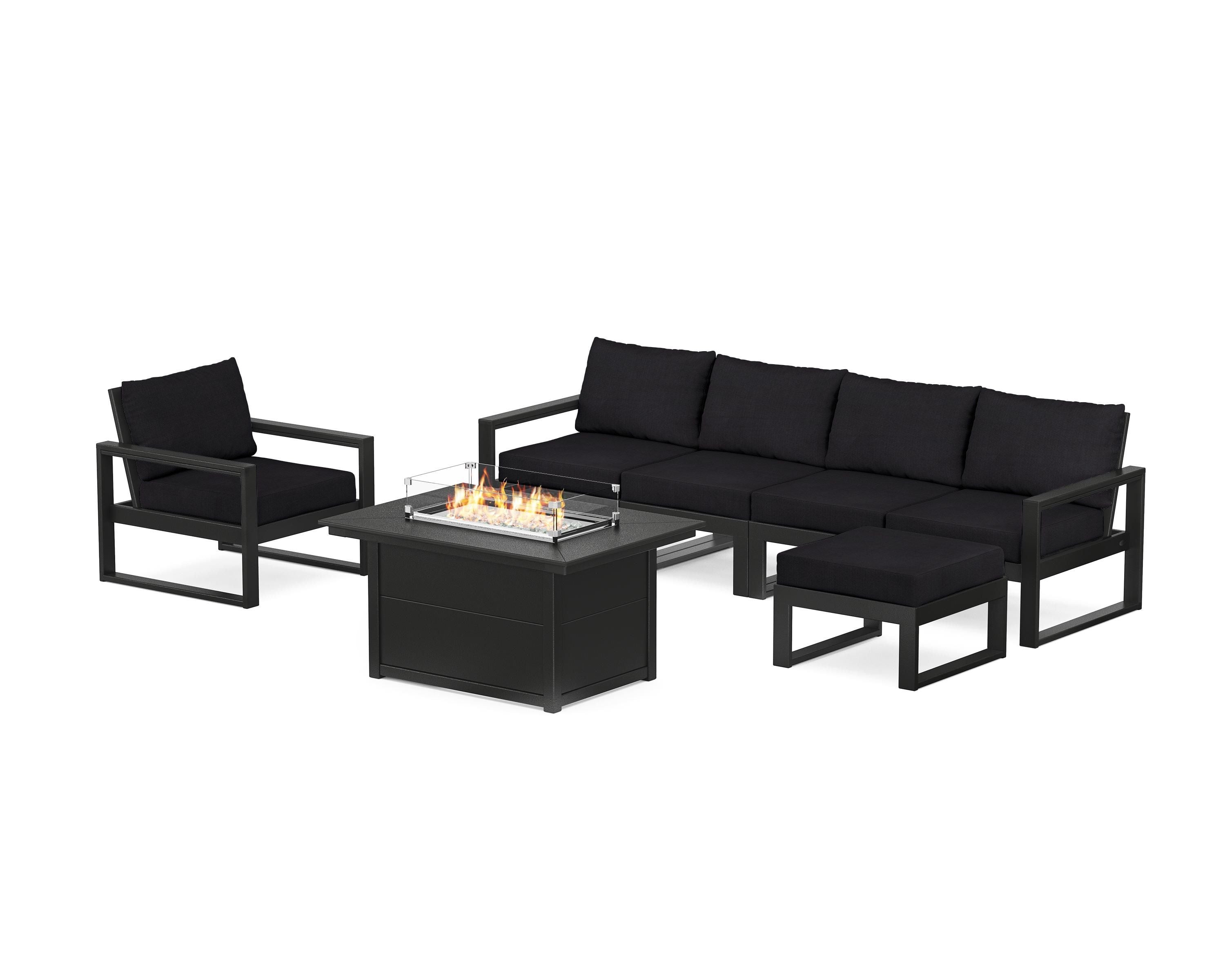 POLYWOOD® EDGE Sectional Lounge and Fire Pit Set in Black / Midnight Linen