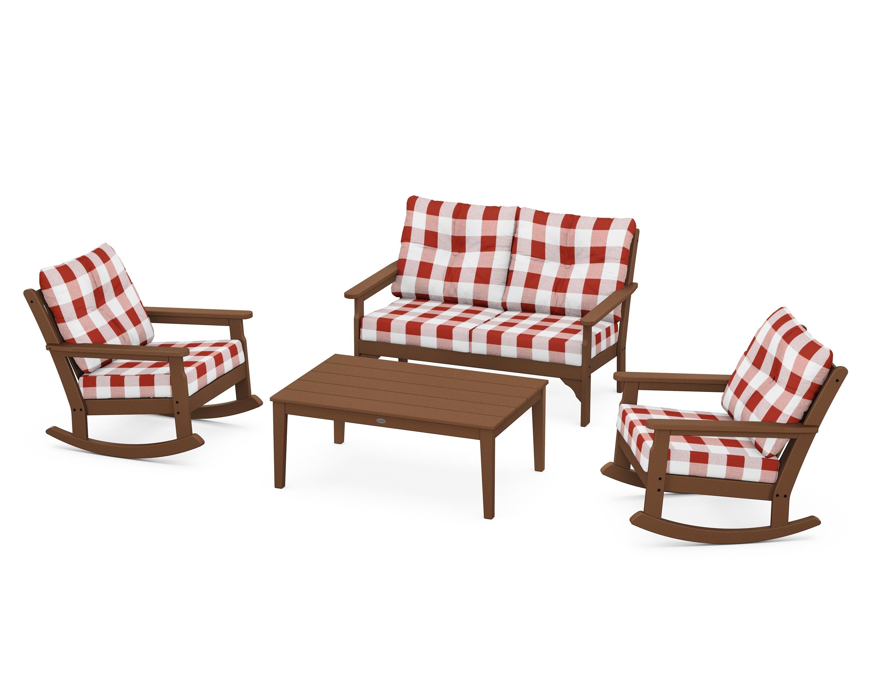 POLYWOOD® Vineyard 4-Piece Deep Seating Rocking Chair Set in Teak / Buffalo Plaid Crimson