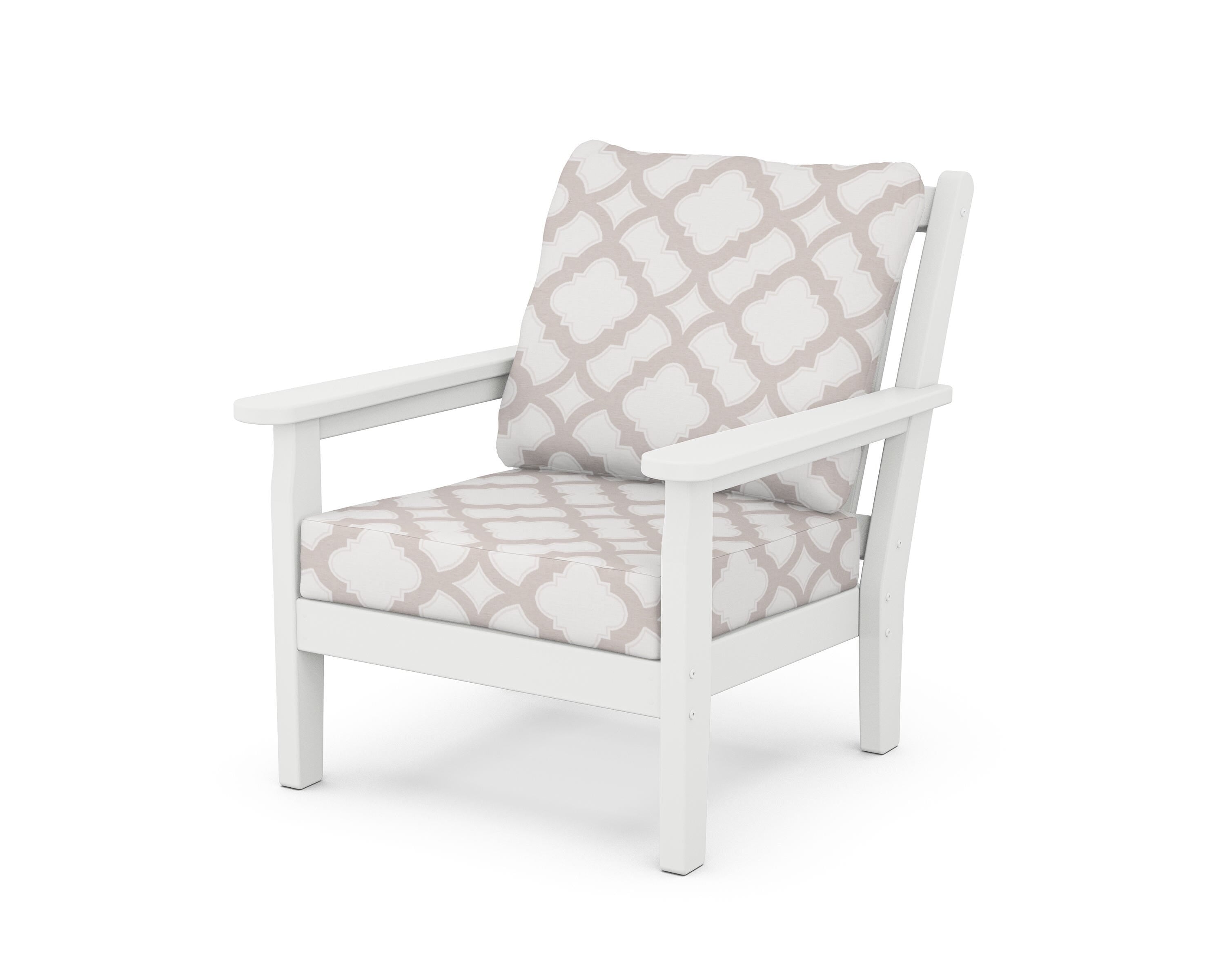 POLYWOOD® Chippendale Deep Seating Chair in White / Trellis Dune Burlap