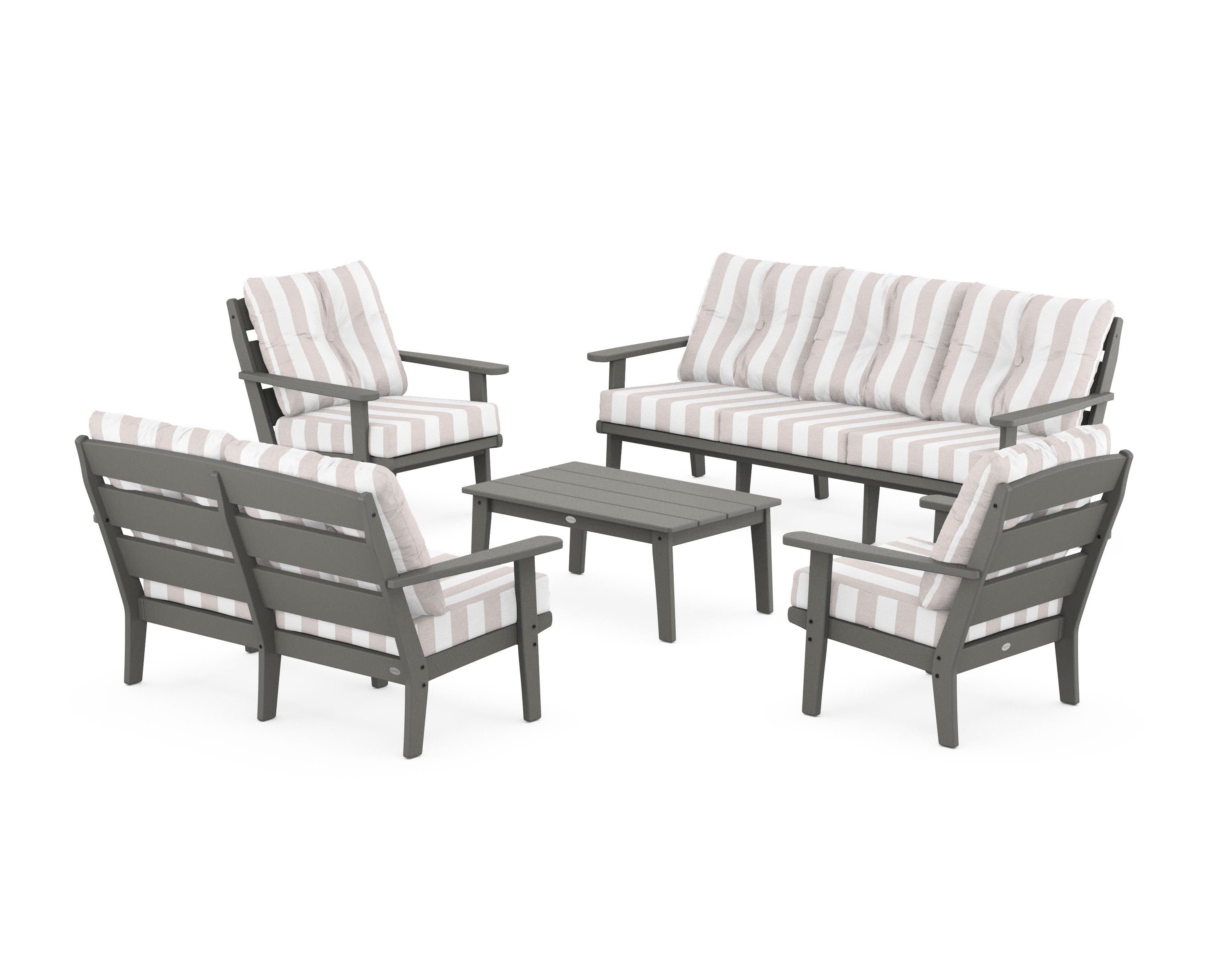 POLYWOOD® Lakeside 5-Piece Lounge Sofa Set in Slate Grey / Cabana Stripe Dune Burlap