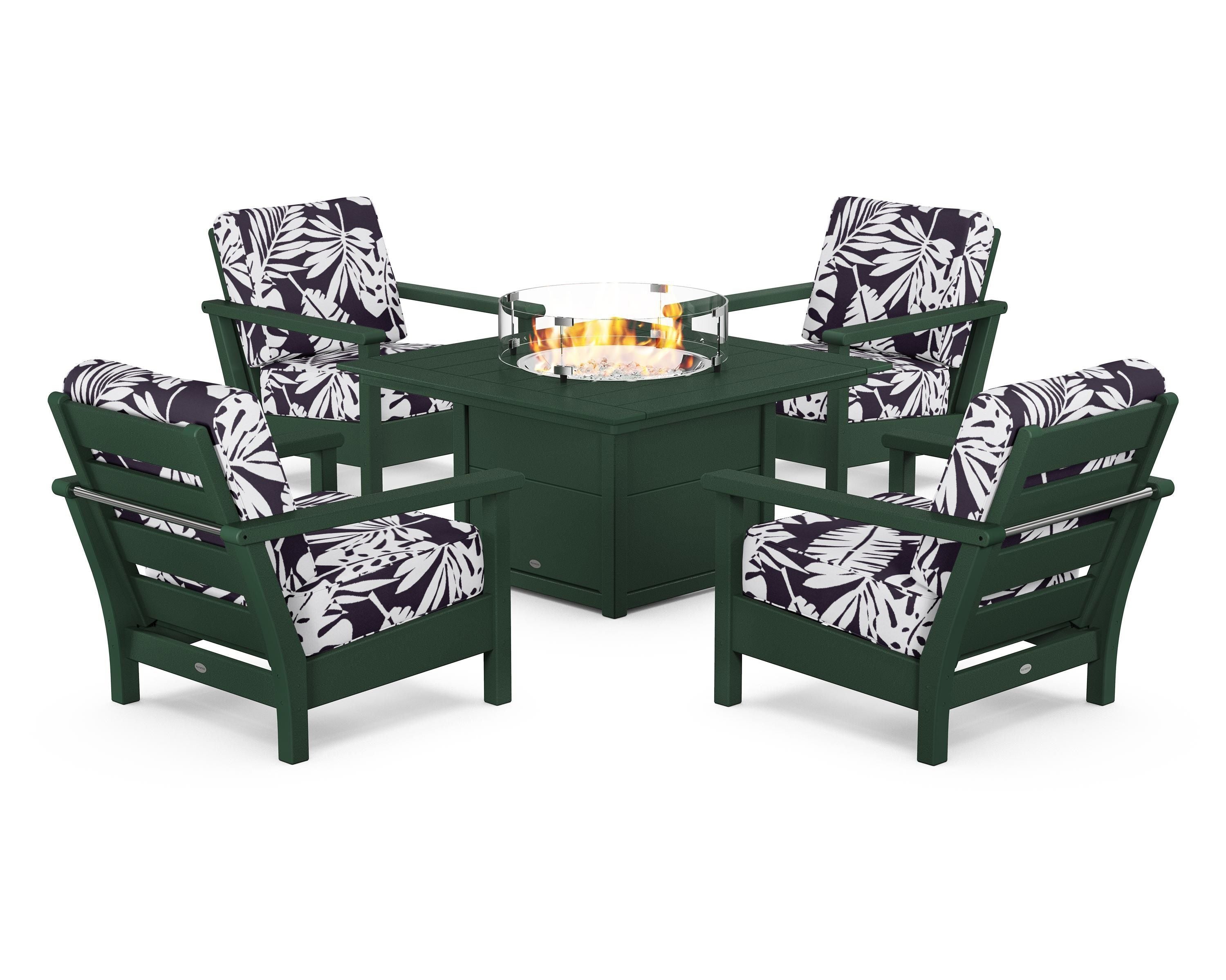 POLYWOOD® Harbour 5-Piece Conversation Set with Fire Pit Table in Green / Leaf Navy