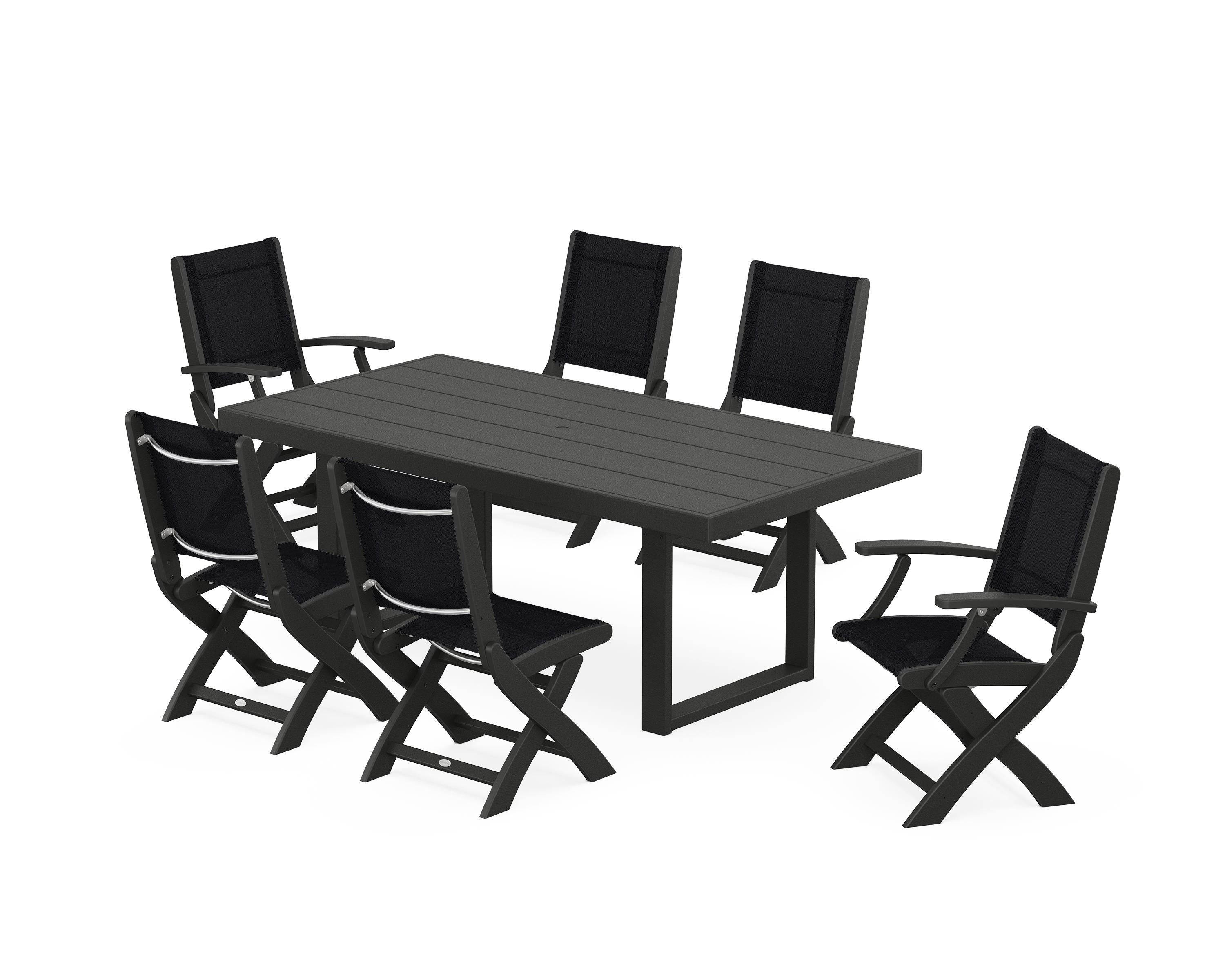 POLYWOOD® Coastal Folding Chair 7-Piece Dining Set with Trestle Legs in Black / Black Sling