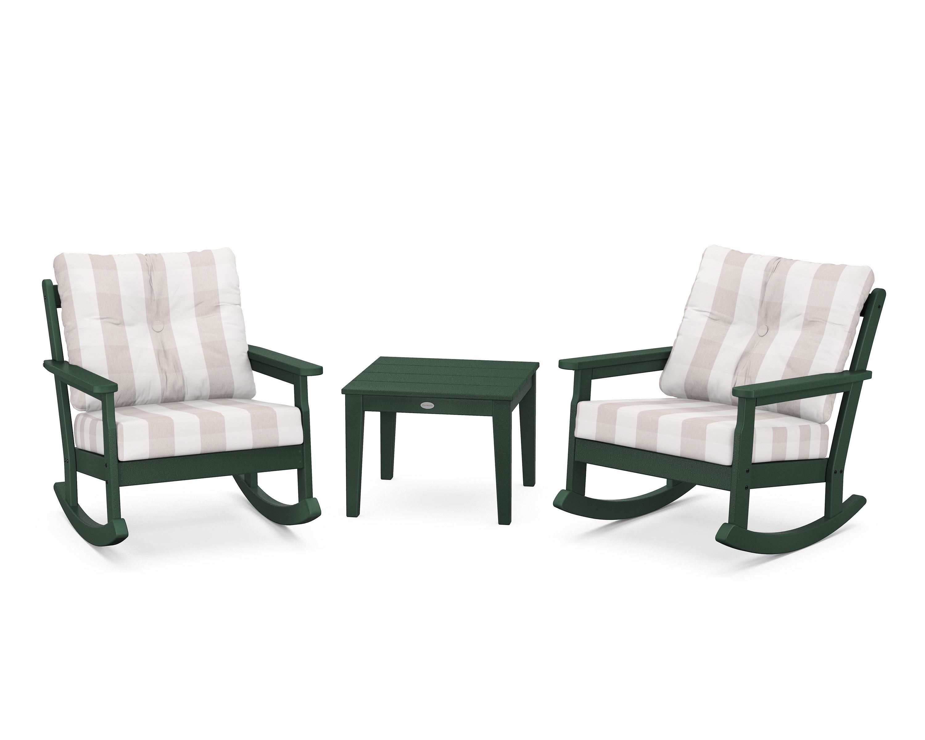 POLYWOOD® Vineyard 3-Piece Deep Seating Rocker Set in Green / Buffalo Plaid Dune Burlap