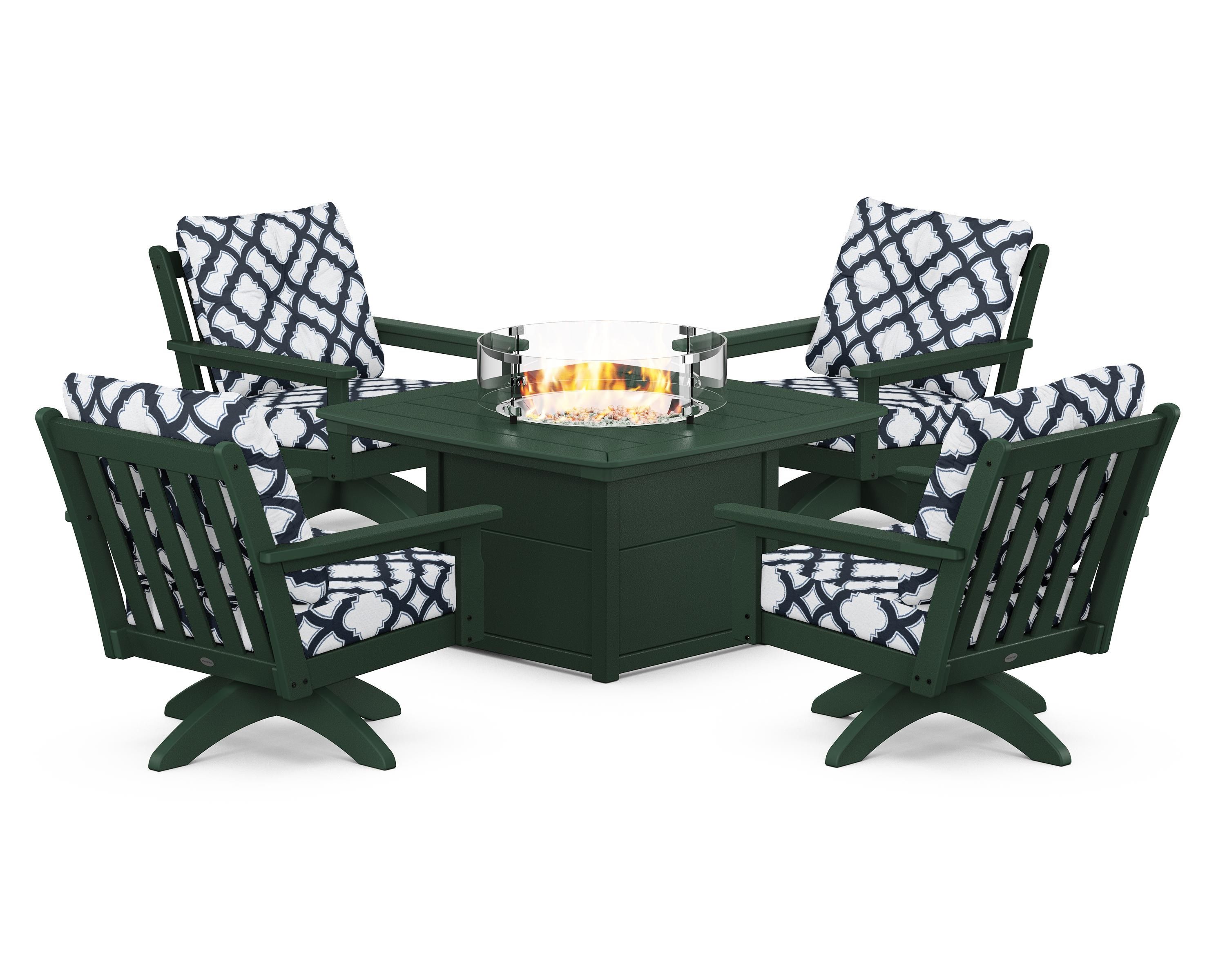 POLYWOOD® Vineyard 5-Piece Deep Seating Swivel Conversation Set with Fire Pit Table in Green / Trellis Marine Indigo