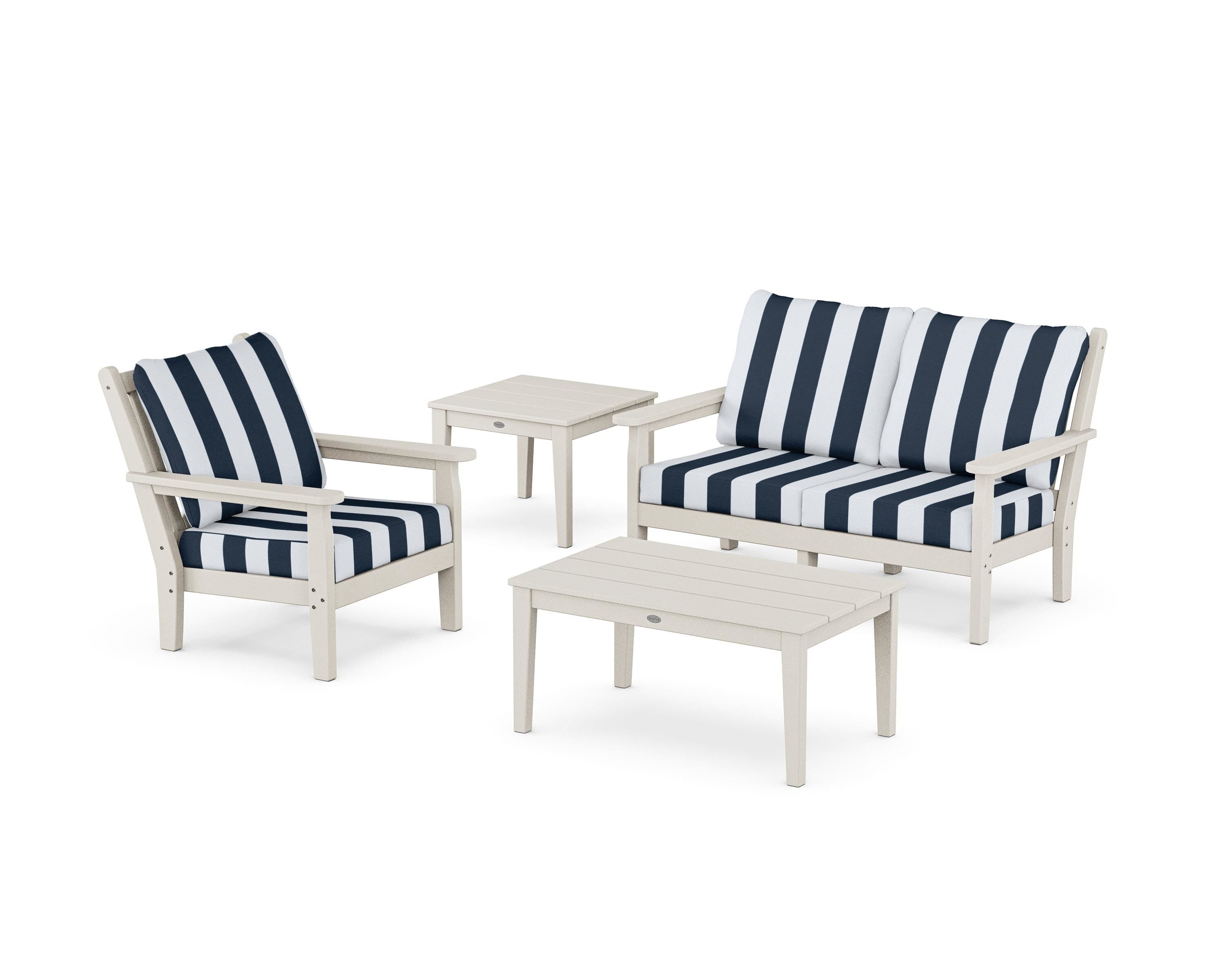 POLYWOOD® Chippendale 4-Piece Deep Seating Set in Sand / Cabana Stripe Marine Indigo