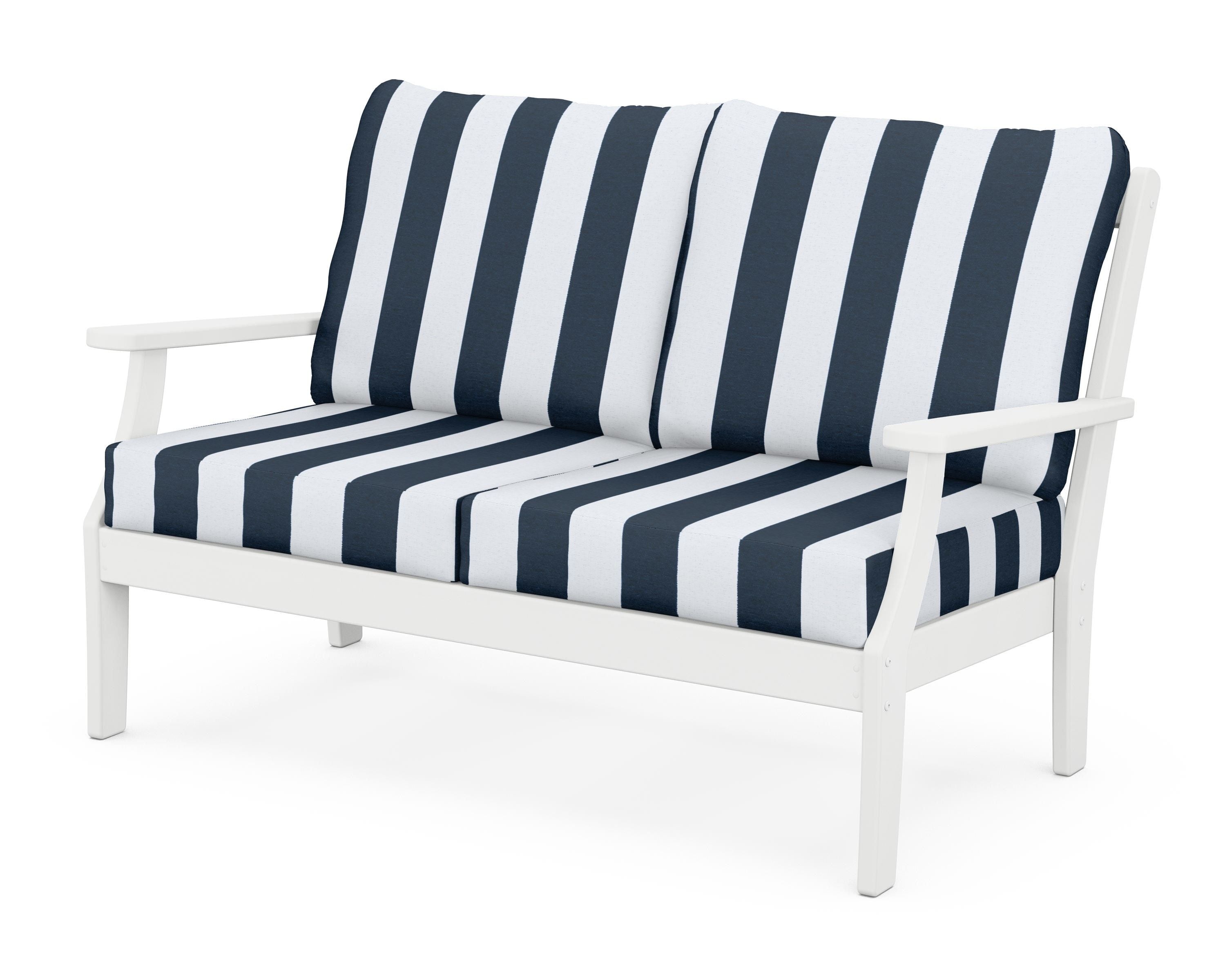 POLYWOOD® Braxton Deep Seating Loveseat in White / Cabana Stripe Marine Indigo
