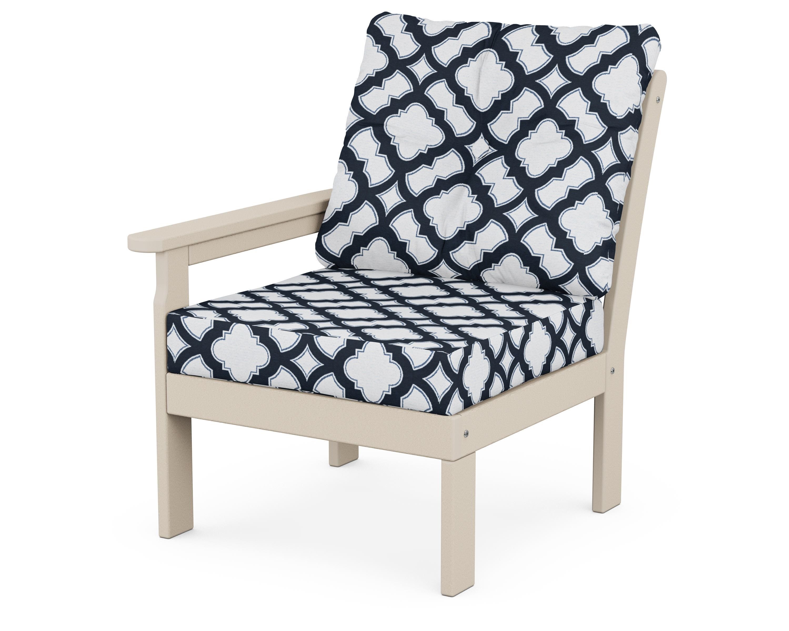 POLYWOOD® Vineyard Modular Left Arm Chair in Sand / Trellis Marine Indigo