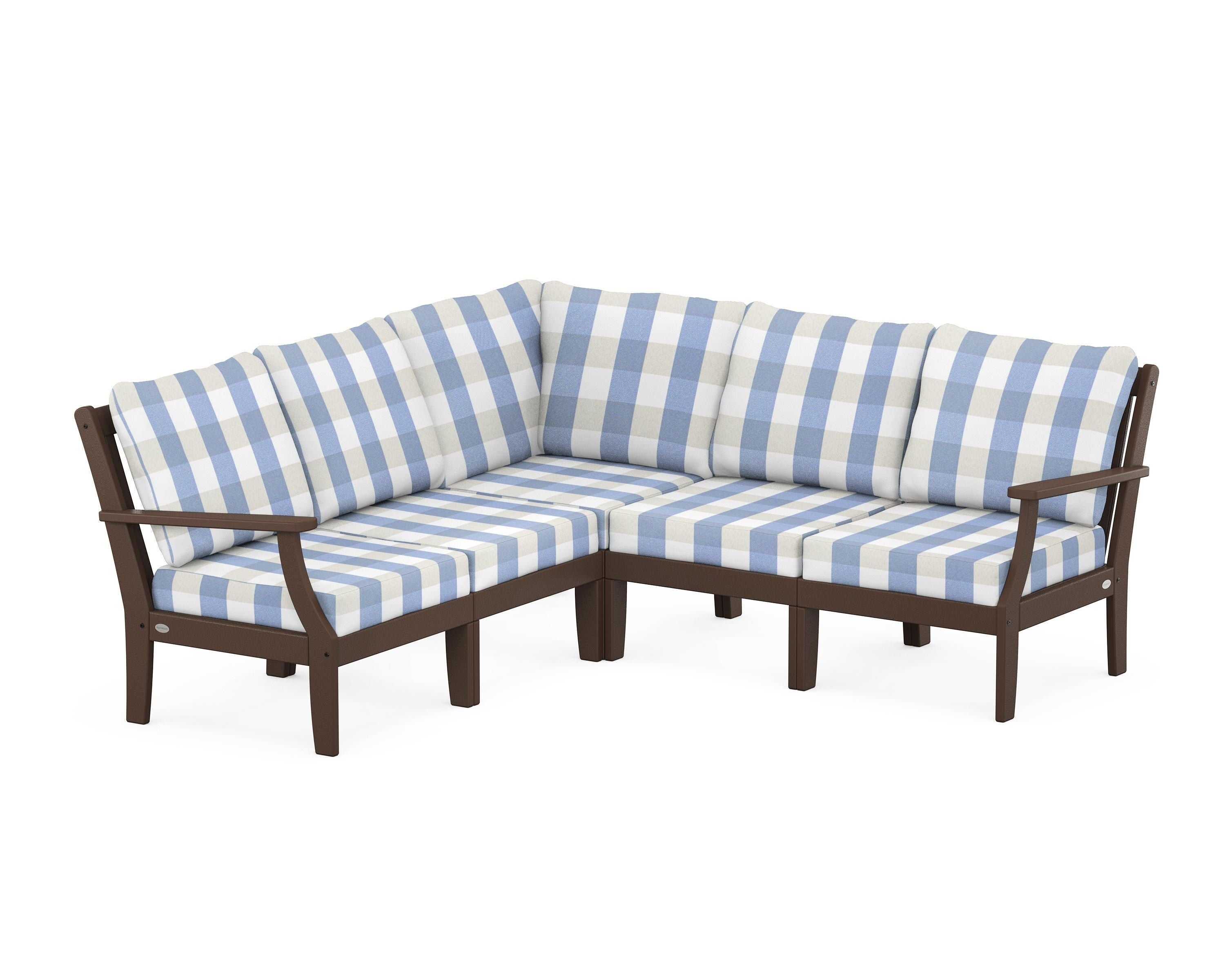 POLYWOOD® Braxton Modular 5-Piece Deep Seating Set in Mahogany / Buffalo Plaid Sky Blue