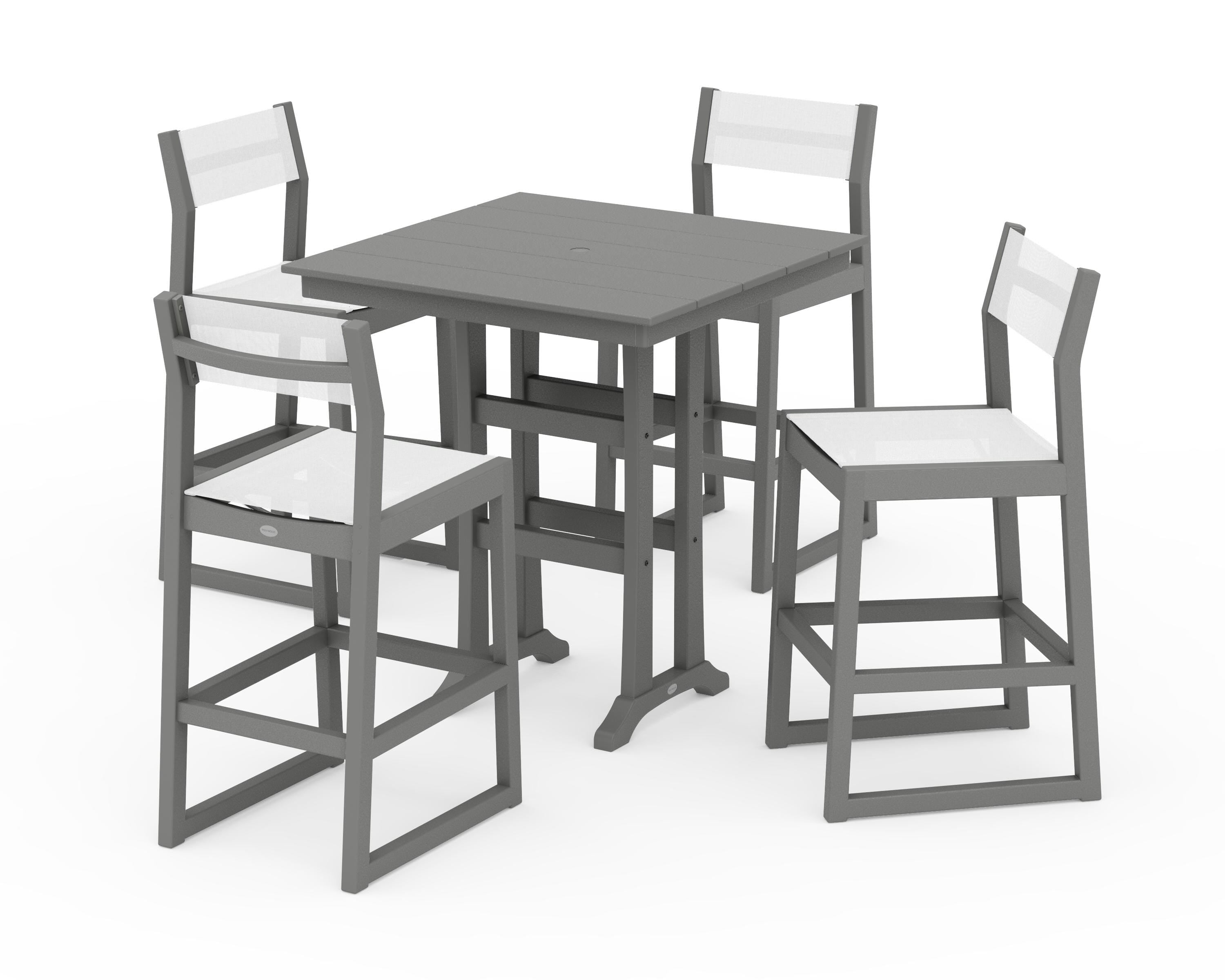 POLYWOOD® EDGE Sling Arm Chair 5-Piece Farmhouse Bar Set with Trestle Legs in Slate Grey / White Sling