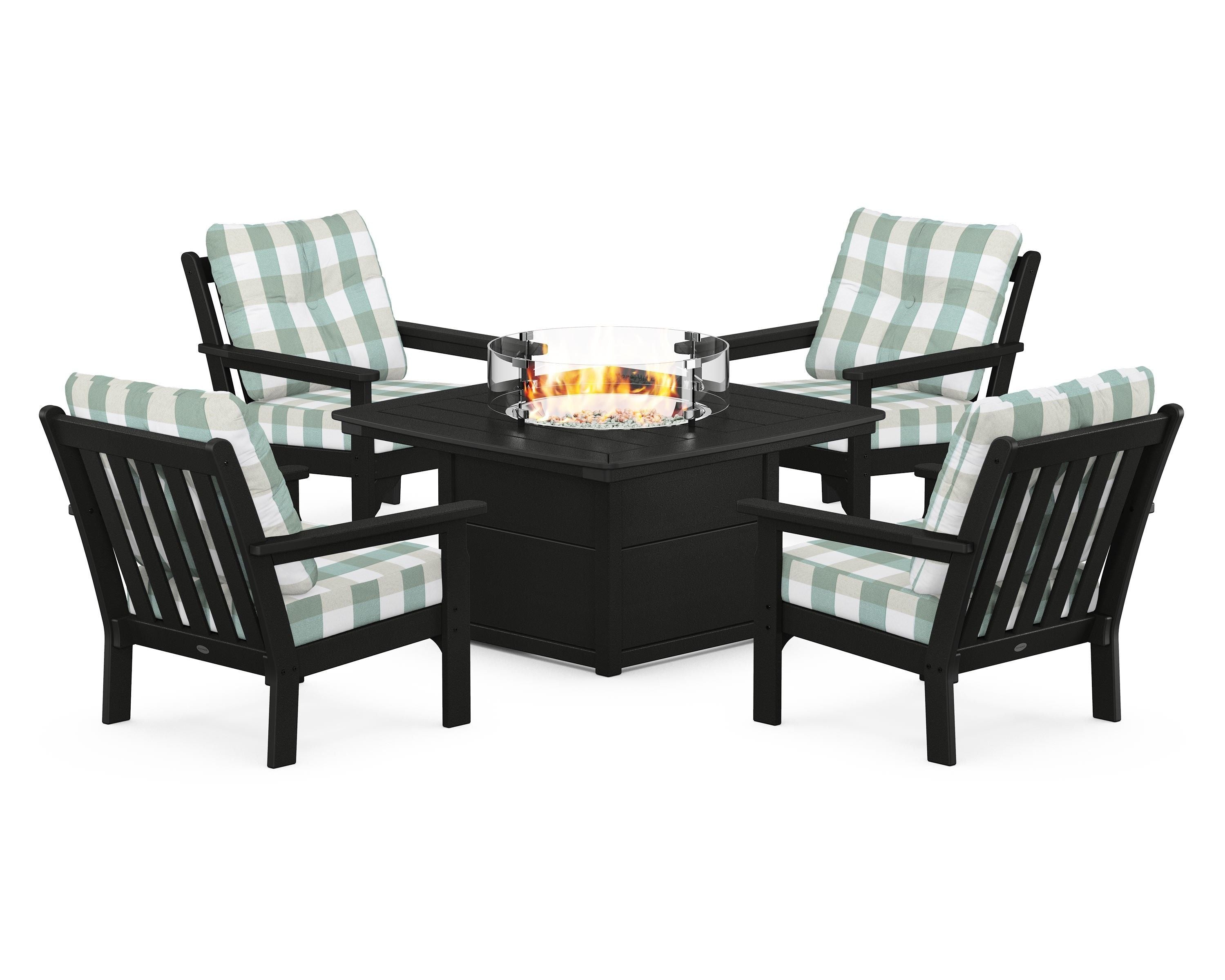 POLYWOOD® Vineyard 5-Piece Conversation Set with Fire Pit Table in Black / Buffalo Plaid Glacier Spa