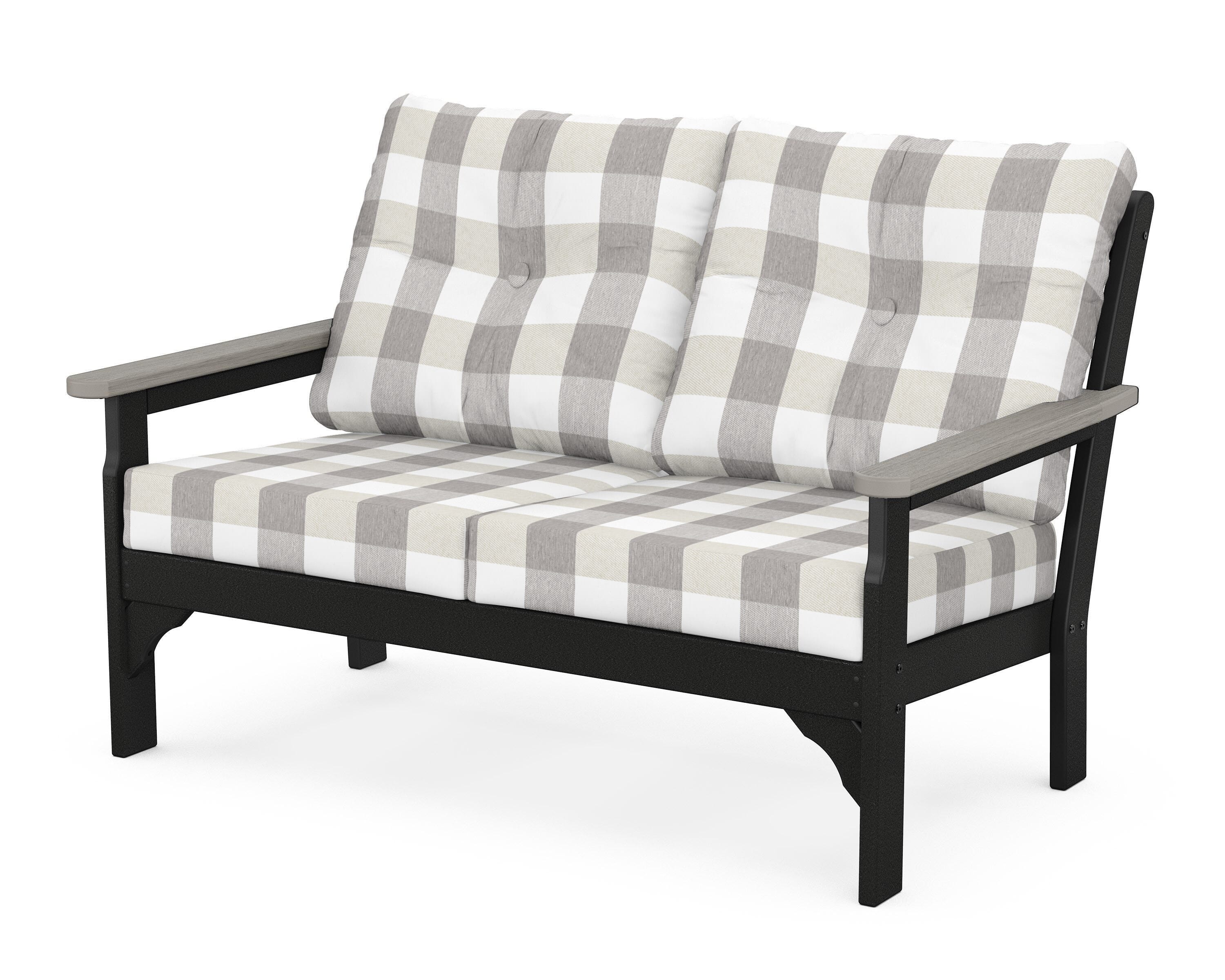 POLYWOOD® Vineyard Deep Seating Loveseat in Black / Driftwood / Buffalo Plaid Grey Mist