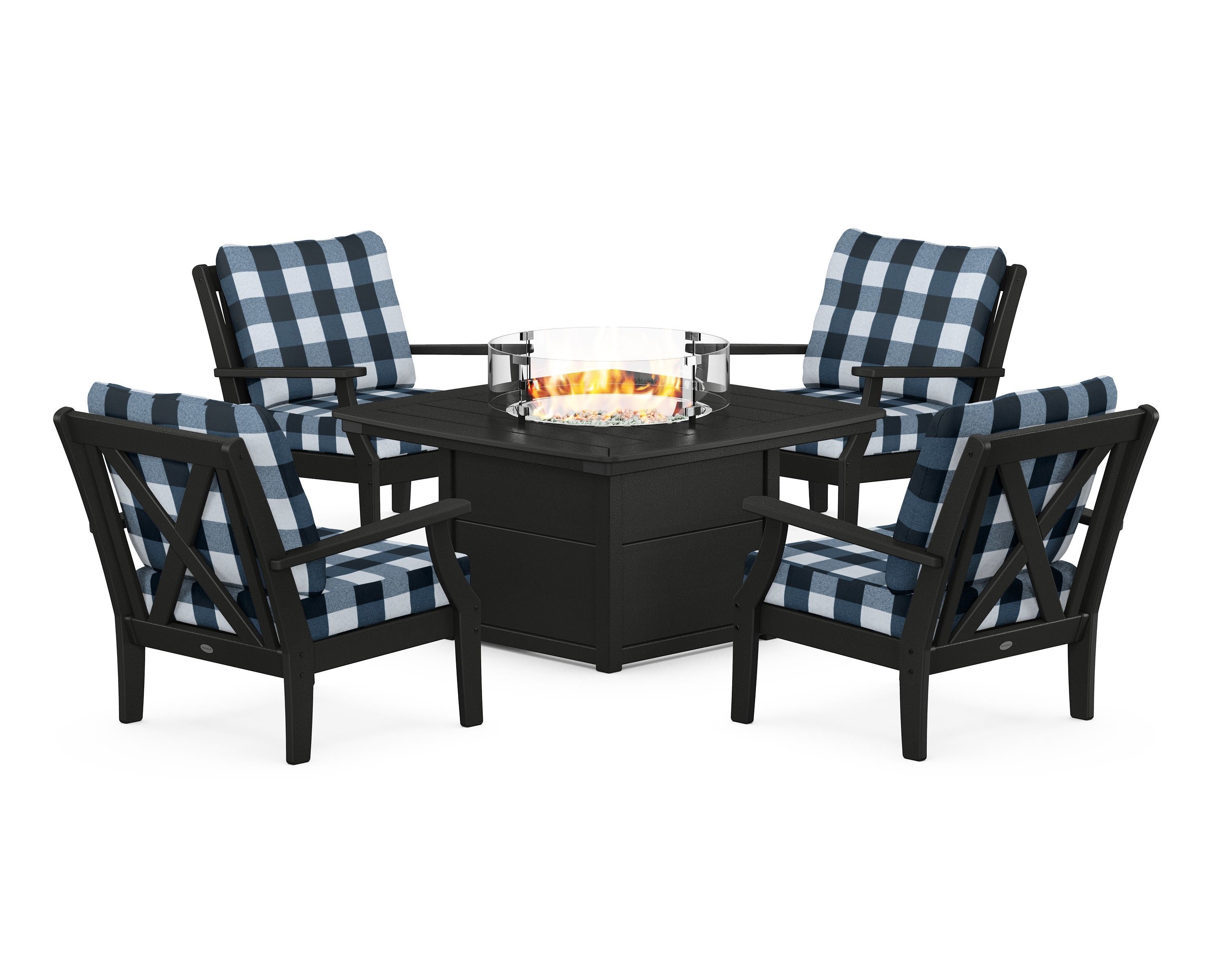 POLYWOOD® Braxton 5-Piece Deep Seating Conversation Set with Fire Pit Table in Black / Buffalo Plaid Marine Indigo