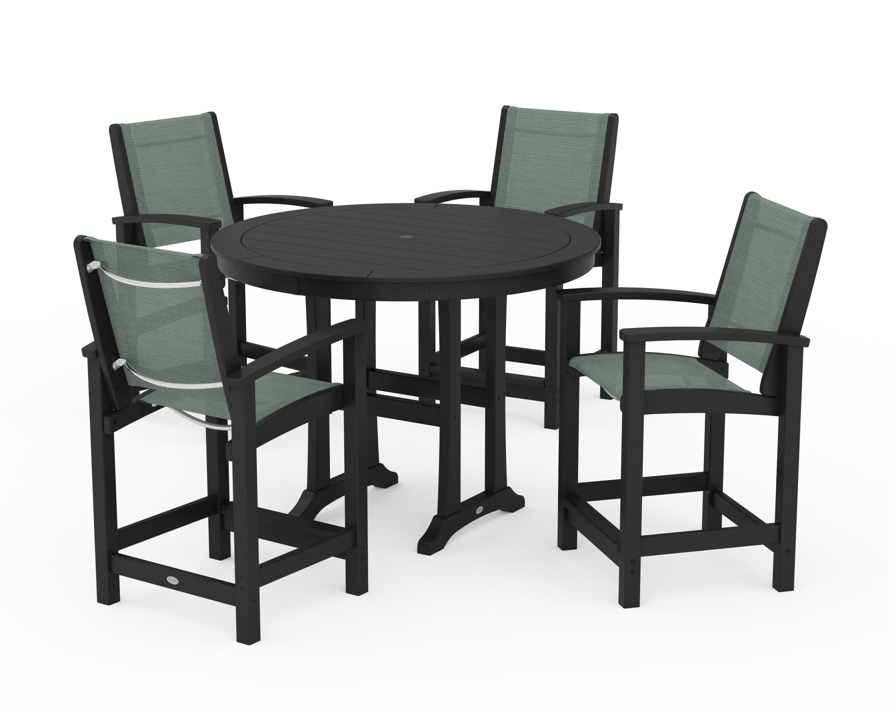 POLYWOOD® Coastal 5-Piece Counter Set in Black / Dupioni Sea Mist Sling